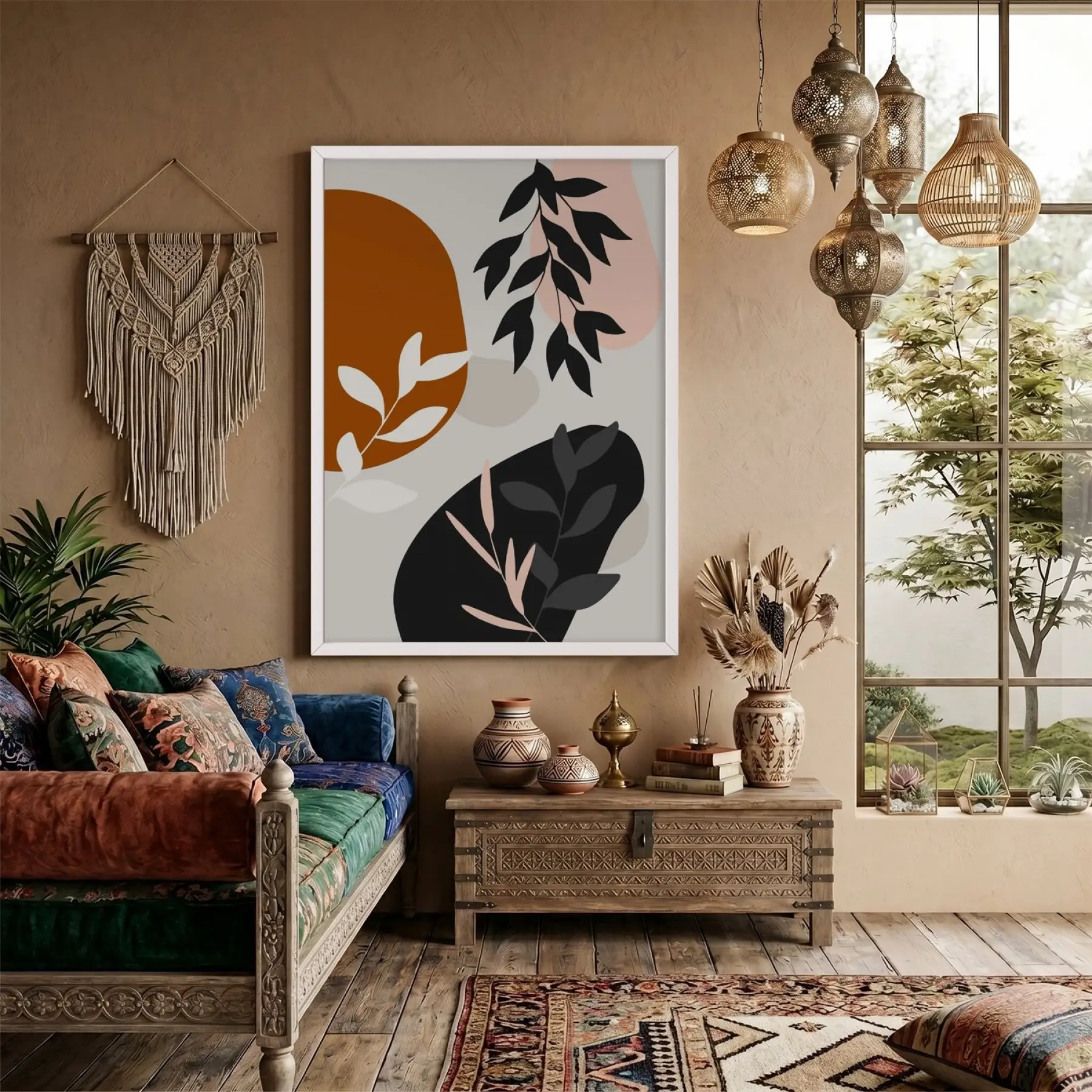 Toprak Tonları Organik Soyut Beyaz Ahşap Çerçeveli Tablo Modern Sanat İç Mekan Yatak
