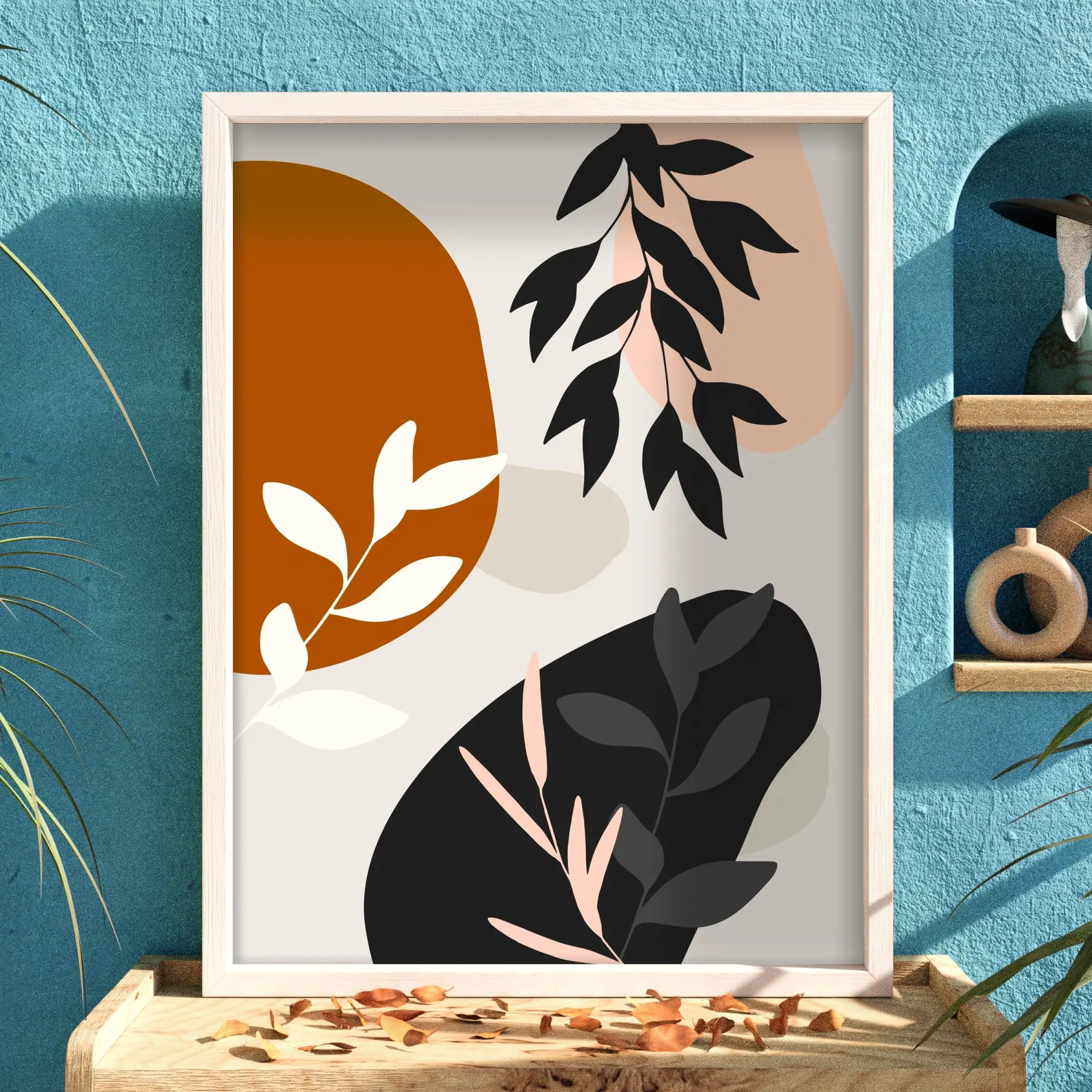 Toprak Tonları Organik Soyut Beyaz Ahşap Çerçeveli Tablo Modern Sanat İç Mekan Yatak