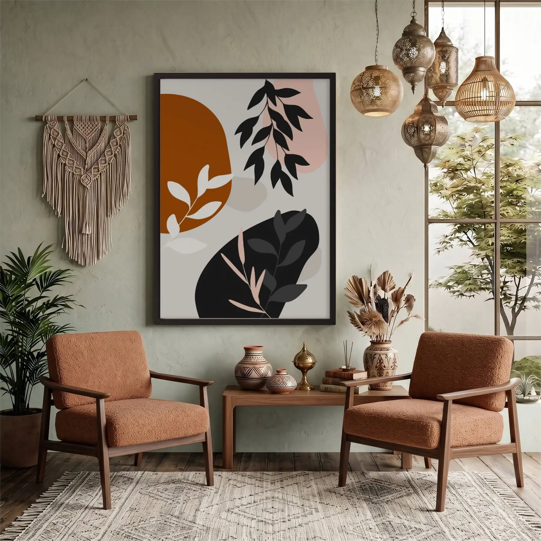 Toprak Tonları Organik Soyut Siyah Ahşap Çerçeveli Tablo Obje Ev Aksesuarları Modern Sanat