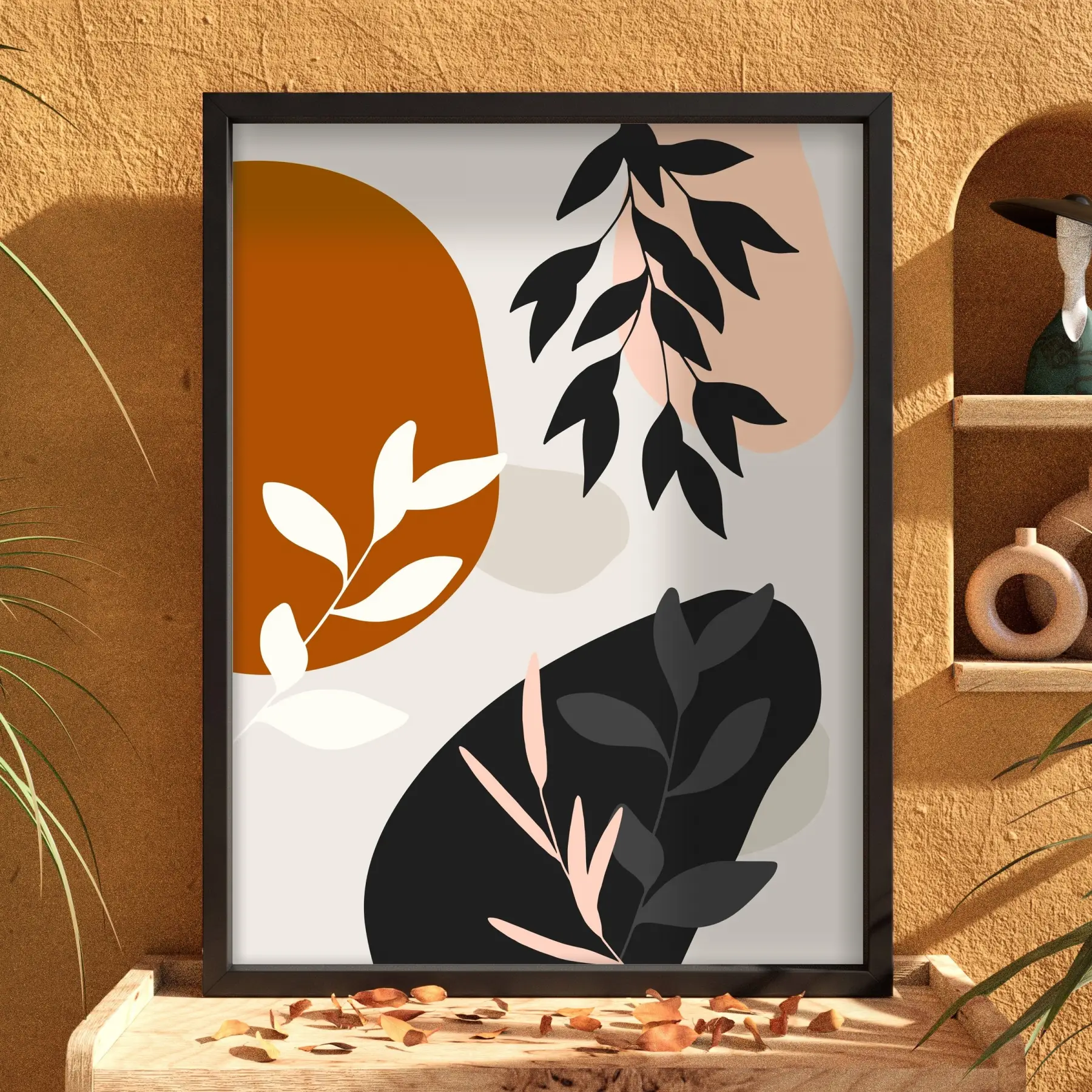Toprak Tonları Organik Soyut Siyah Ahşap Çerçeveli Tablo Obje Ev Aksesuarları Modern Sanat
