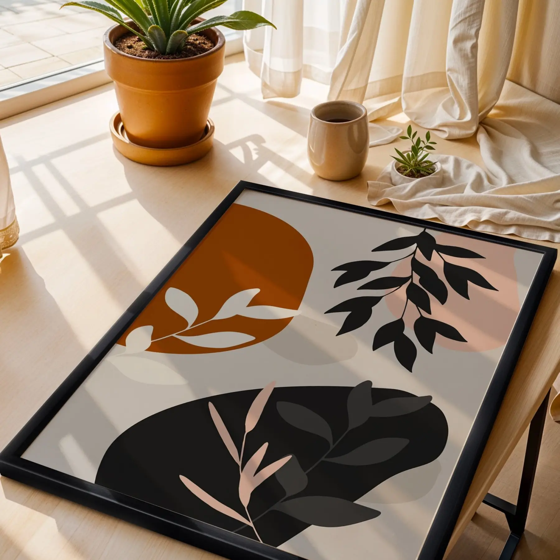 Toprak Tonları Organik Soyut Siyah Ahşap Çerçeveli Tablo Obje Ev Aksesuarları Modern Sanat
