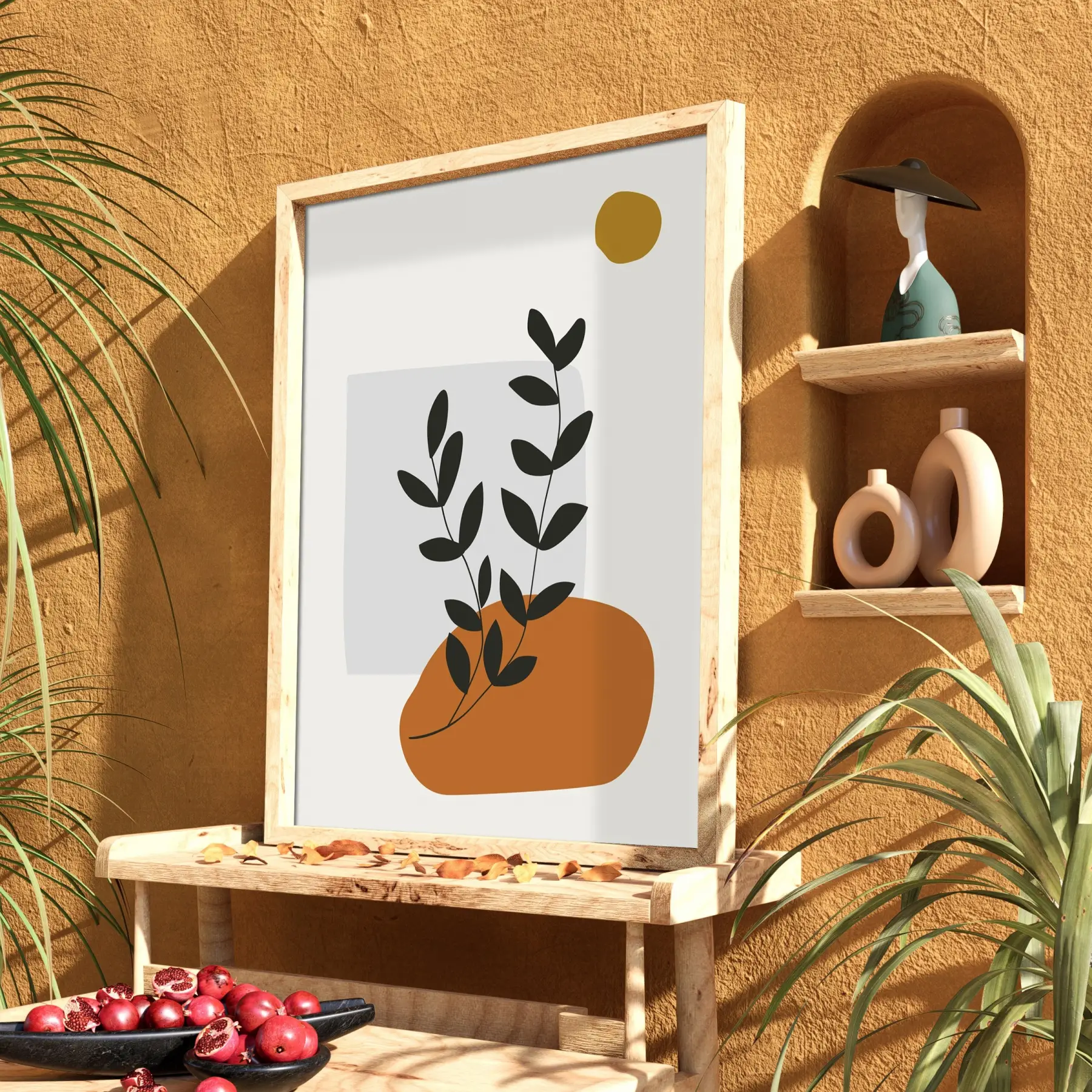 Toprak Tonları Bitki Sanatı Doğal Ahşap Çerçeveli Tablo Aksesuarları Modern Sanat İç Mekan
