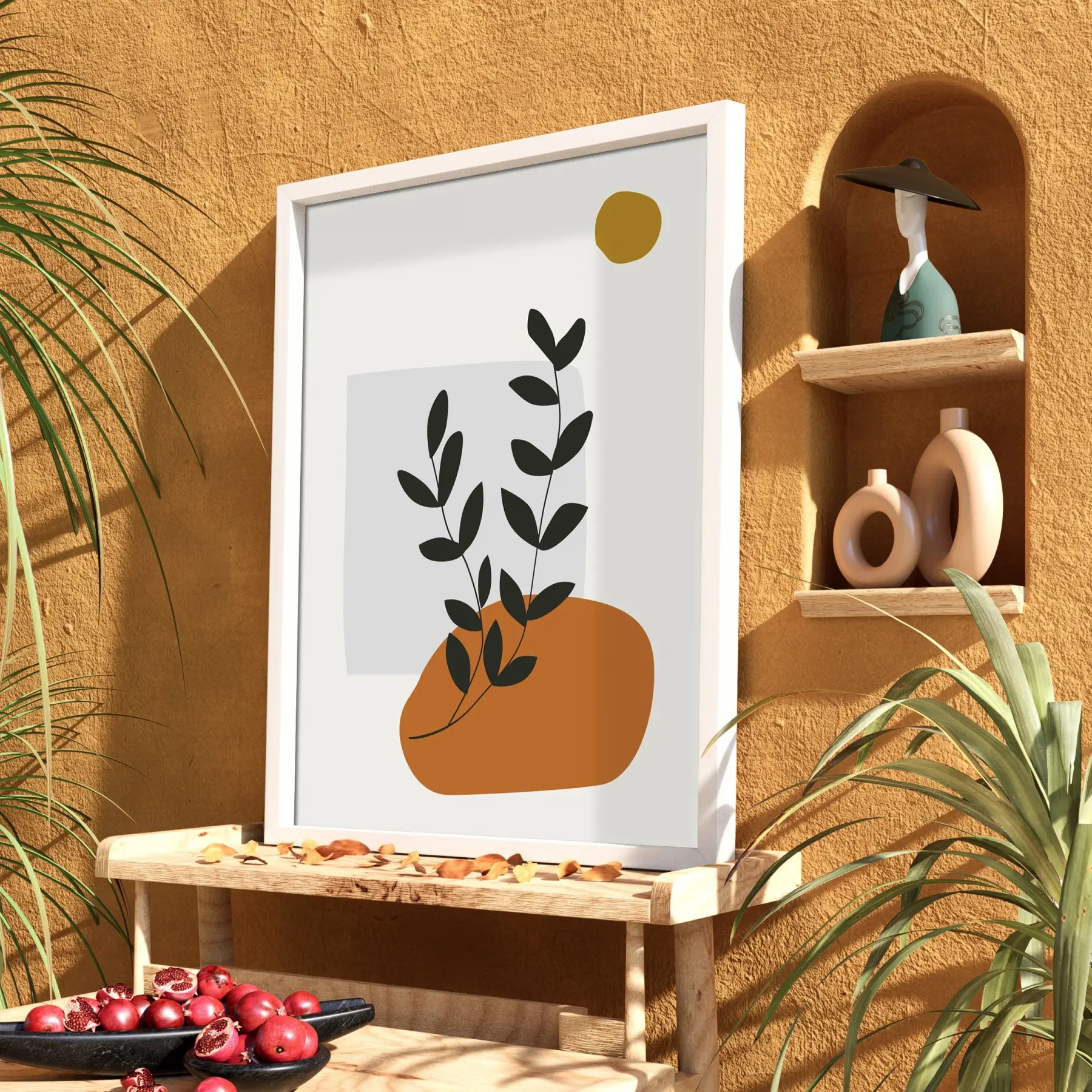 Toprak Tonları Bitki Sanatı Beyaz Ahşap Çerçeveli Tablo Modern Sanat İç Mekan Yatak