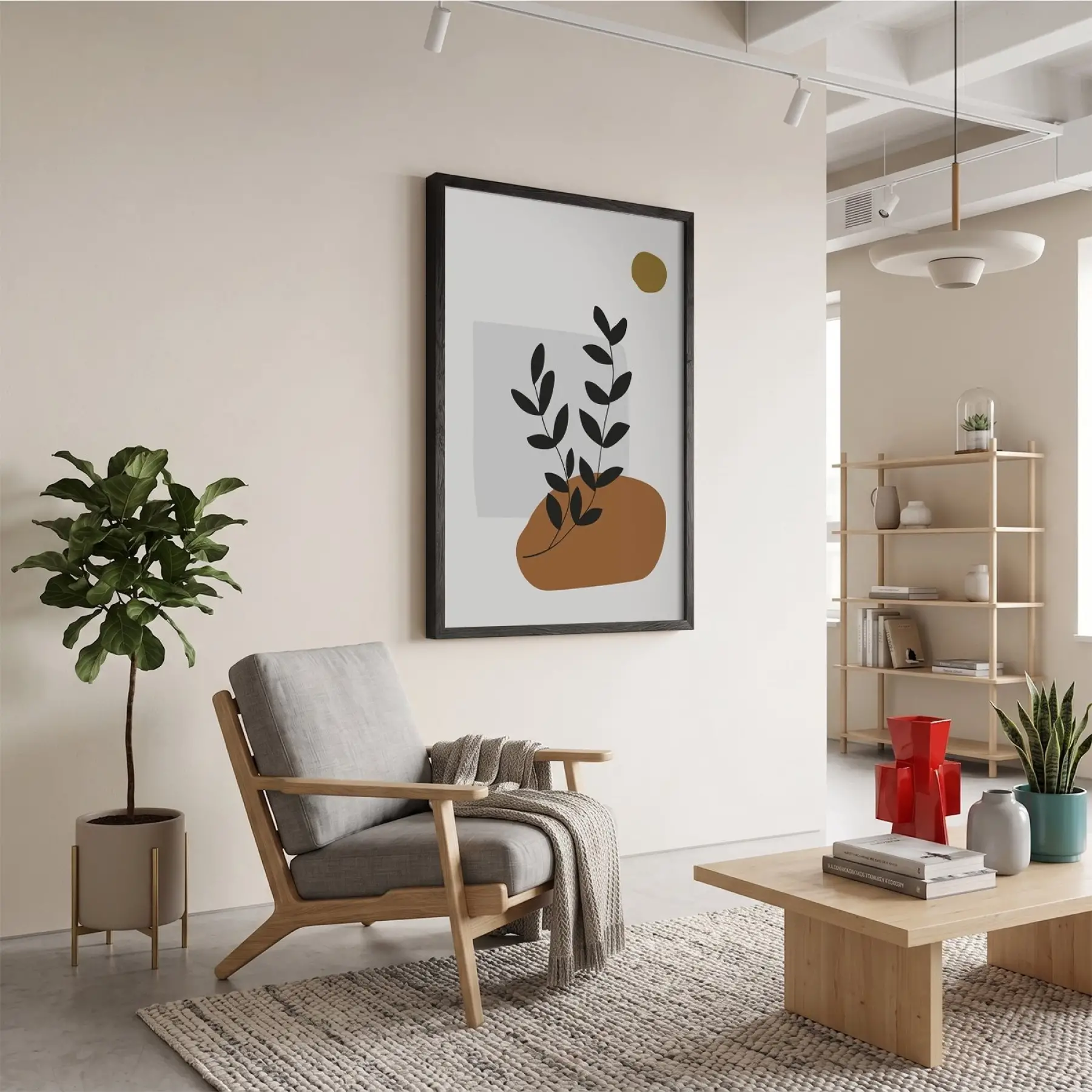 Toprak Tonları Bitki Sanatı Siyah Ahşap Çerçeveli Tablo Koridor Ofis Kanvas Görünümlü Salon