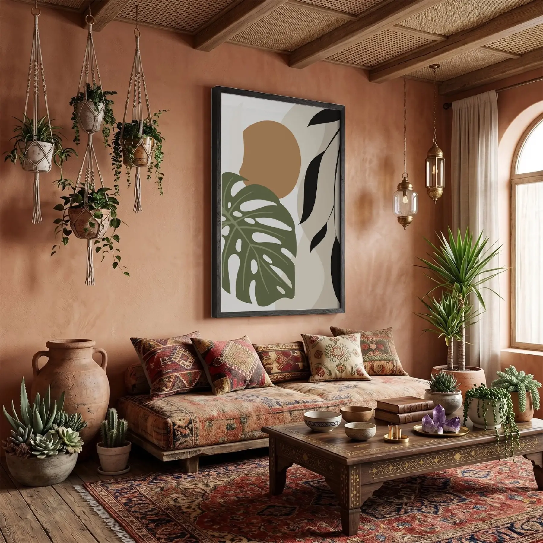 Yeşil Monstera Soyut Formlar Siyah Ahşap Çerçeveli Tablo Dekorasyonu Poster Obje Ev Aksesuarları