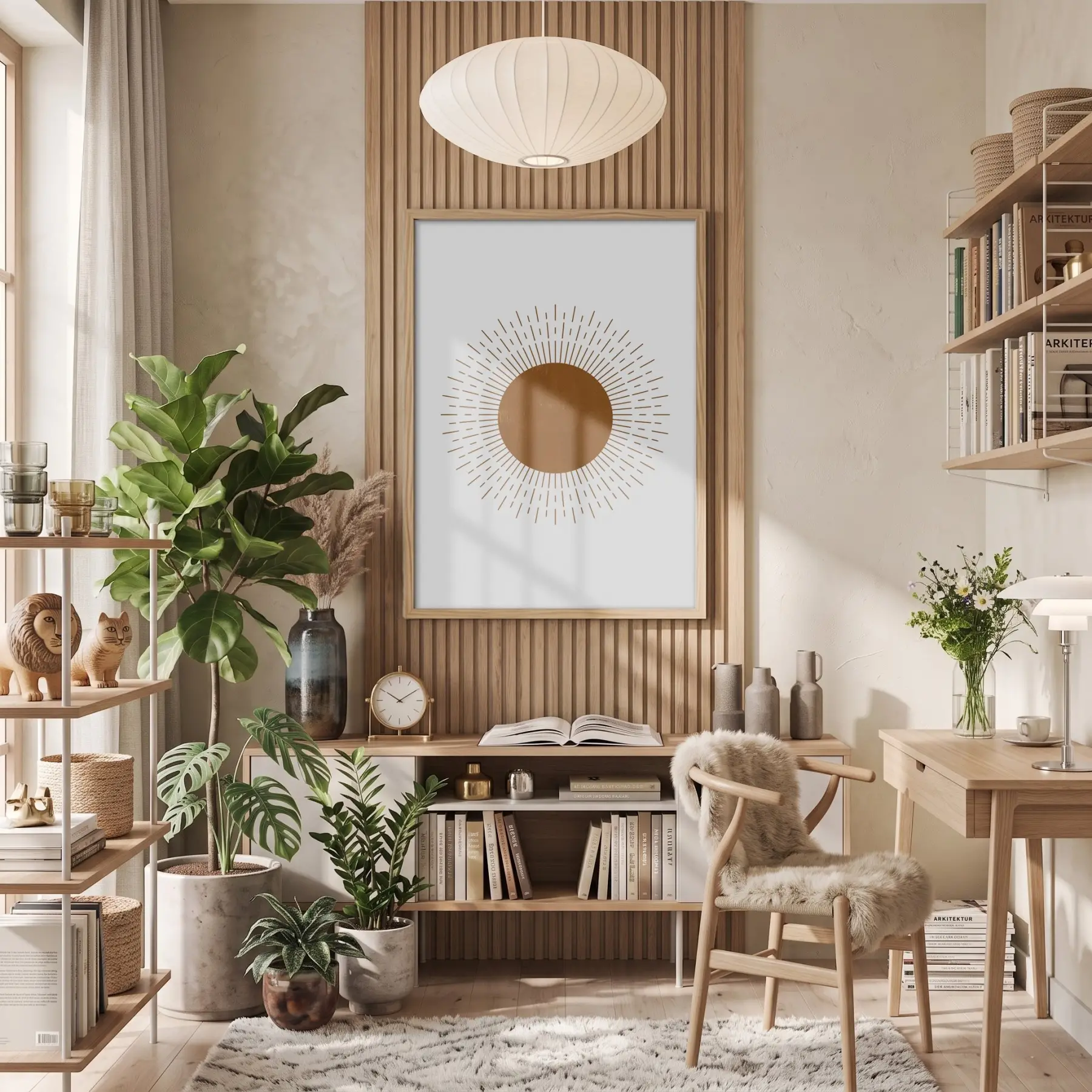 Boho Işınsal Güneş Doğal Ahşap Çerçeveli Tablo Bohem Dekoru Poster Obje Ev Aksesuarları