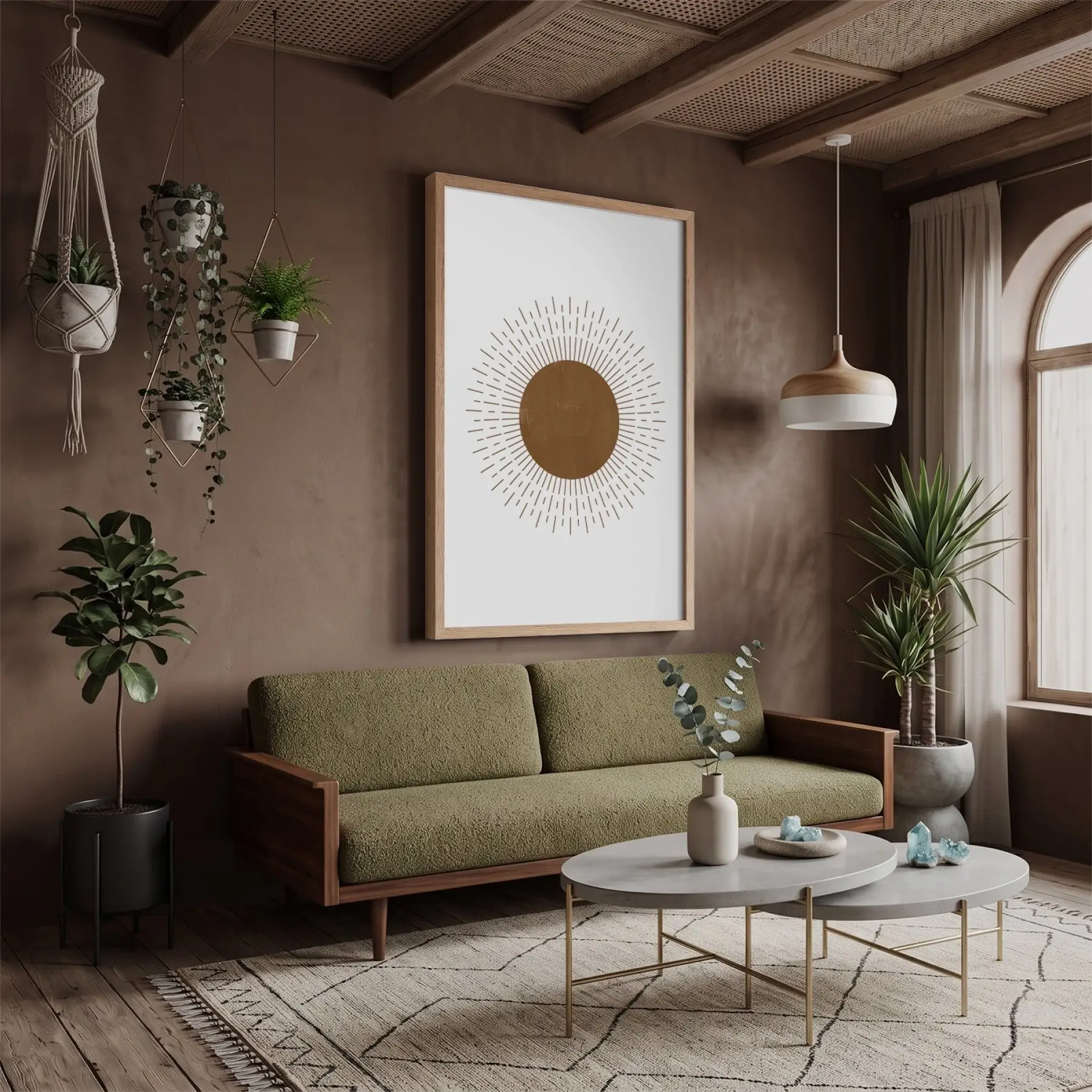 Boho Işınsal Güneş Doğal Ahşap Çerçeveli Tablo Bohem Dekoru Poster Obje Ev Aksesuarları