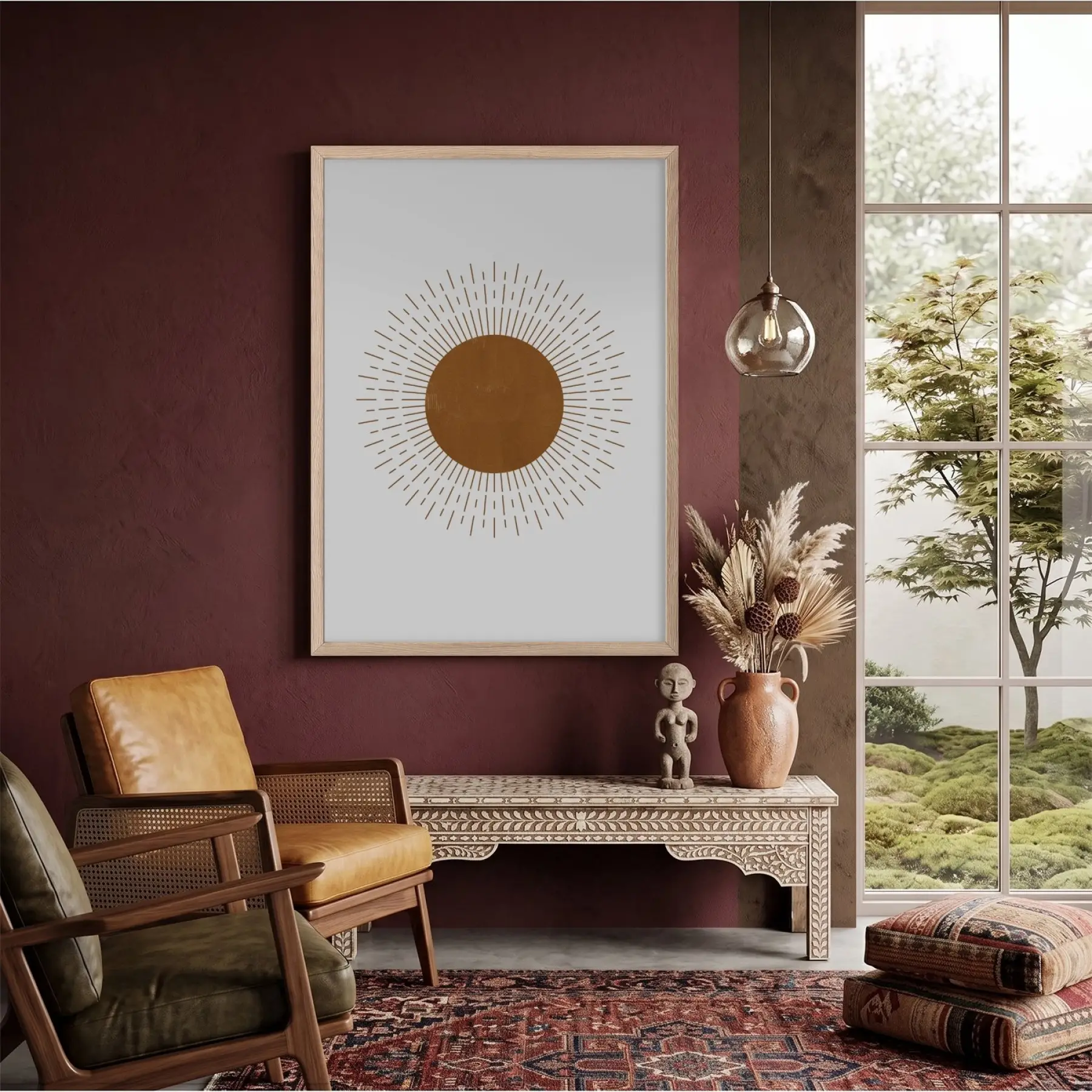 Boho Işınsal Güneş Doğal Ahşap Çerçeveli Tablo Bohem Dekoru Poster Obje Ev Aksesuarları
