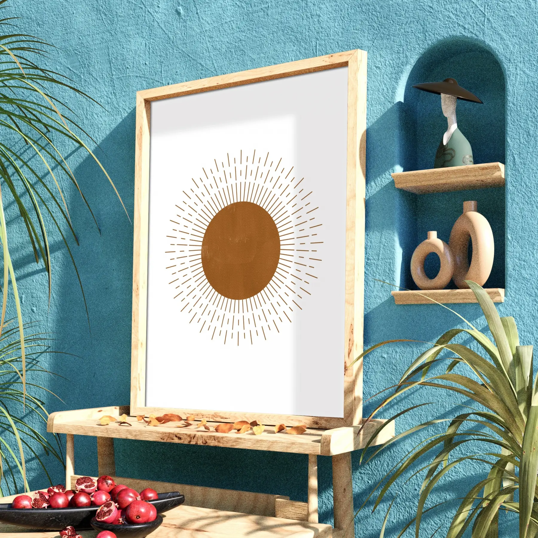 Boho Işınsal Güneş Doğal Ahşap Çerçeveli Tablo Bohem Dekoru Poster Obje Ev Aksesuarları