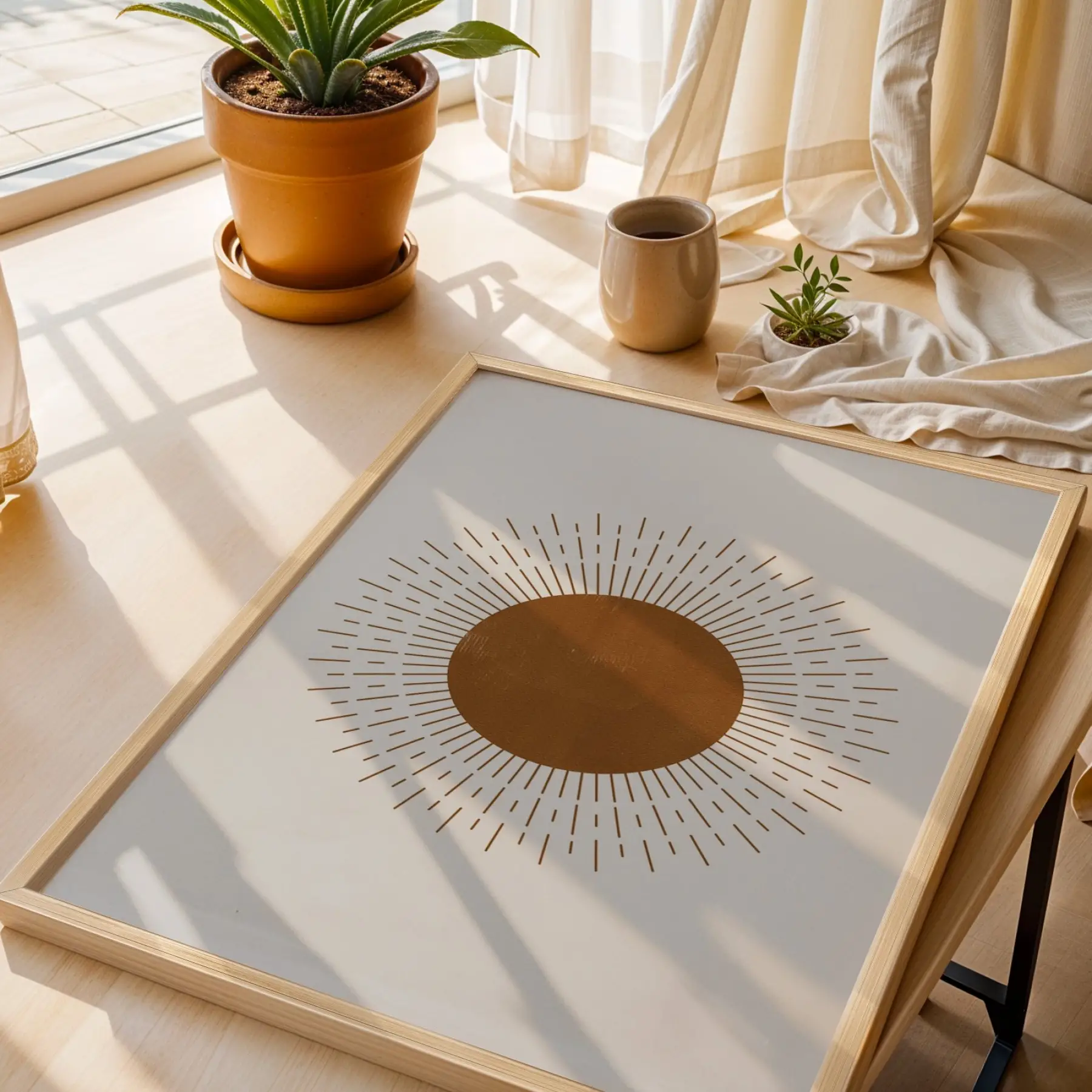 Boho Işınsal Güneş Doğal Ahşap Çerçeveli Tablo Bohem Dekoru Poster Obje Ev Aksesuarları