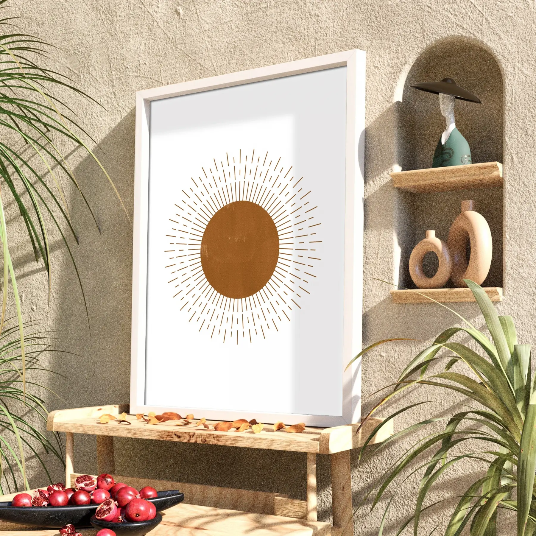 Boho Işınsal Güneş Beyaz Ahşap Çerçeveli Tablo Bohem Yatak Koridor Ofis Kanvas Görünümlü
