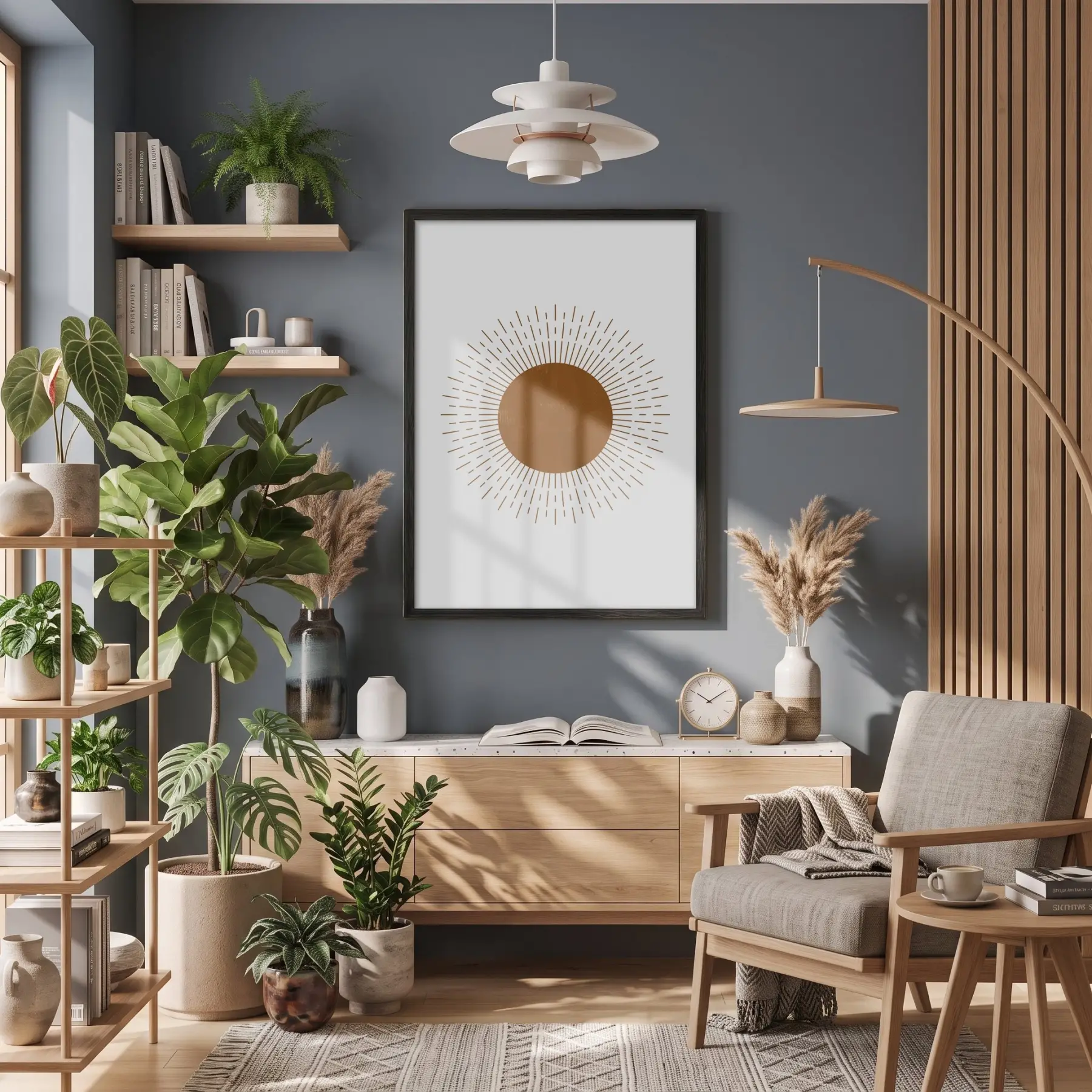 Boho Işınsal Güneş Siyah Ahşap Çerçeveli Tablo Bohem Modern Sanat İç Mekan Yatak