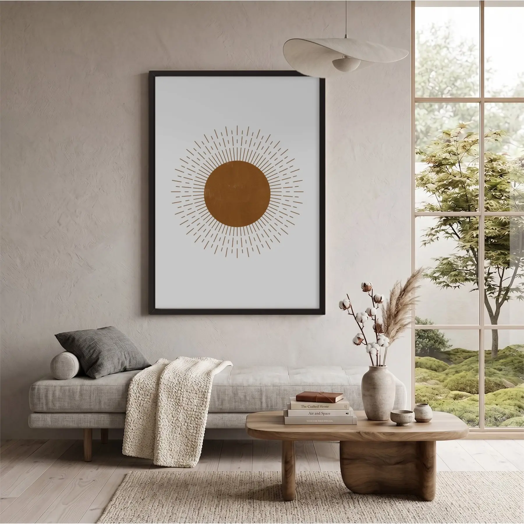Boho Işınsal Güneş Siyah Ahşap Çerçeveli Tablo Bohem Modern Sanat İç Mekan Yatak
