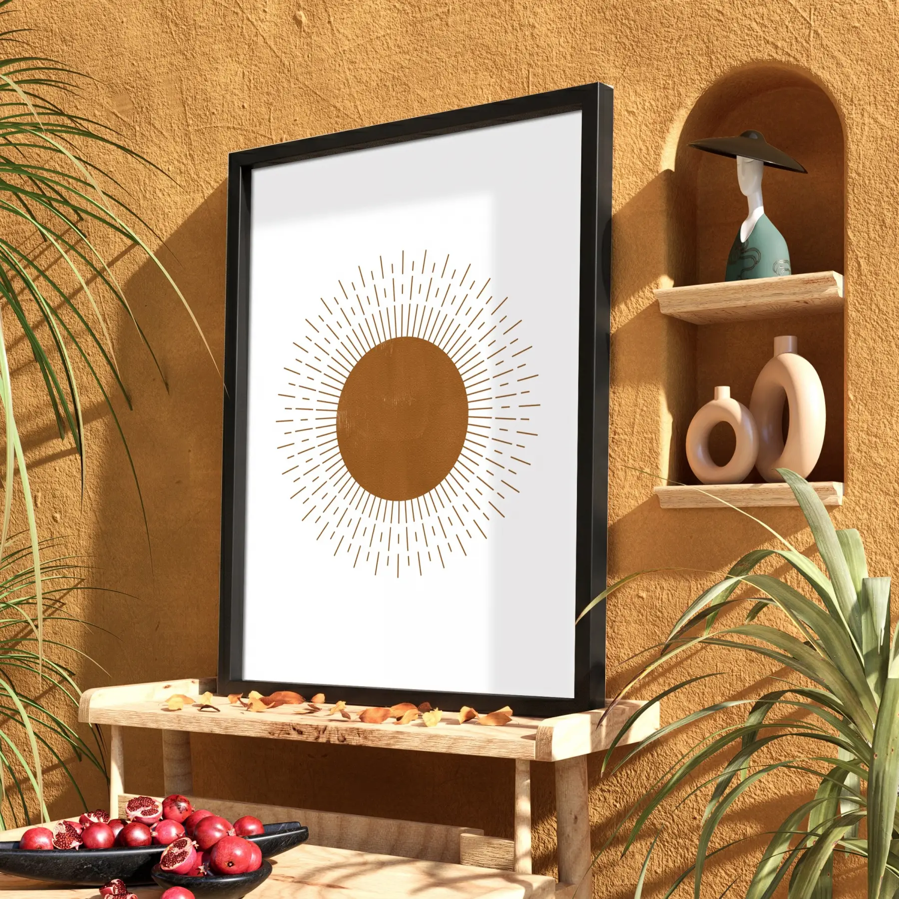 Boho Işınsal Güneş Siyah Ahşap Çerçeveli Tablo Bohem Modern Sanat İç Mekan Yatak