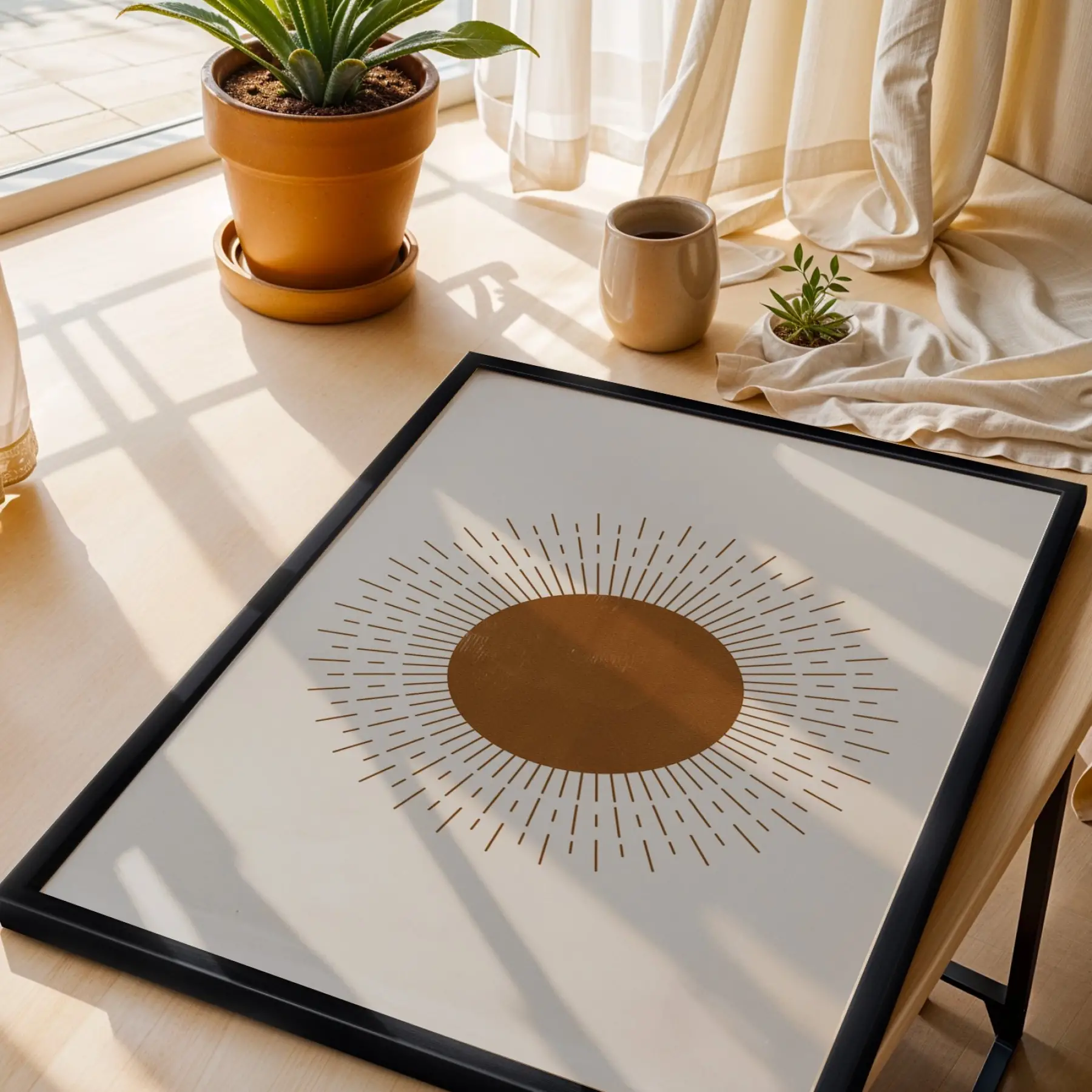 Boho Işınsal Güneş Siyah Ahşap Çerçeveli Tablo Bohem Modern Sanat İç Mekan Yatak