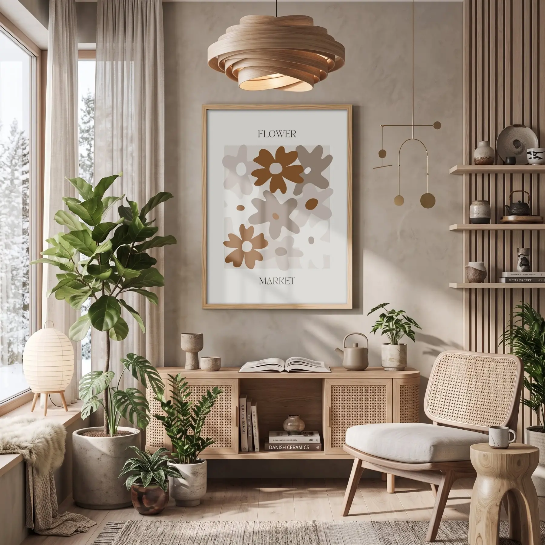 Toprak Tonları Soyut Çiçekler Doğal Ahşap Çerçeveli Tablo Bohem Dekorasyonu Poster Obje Ev