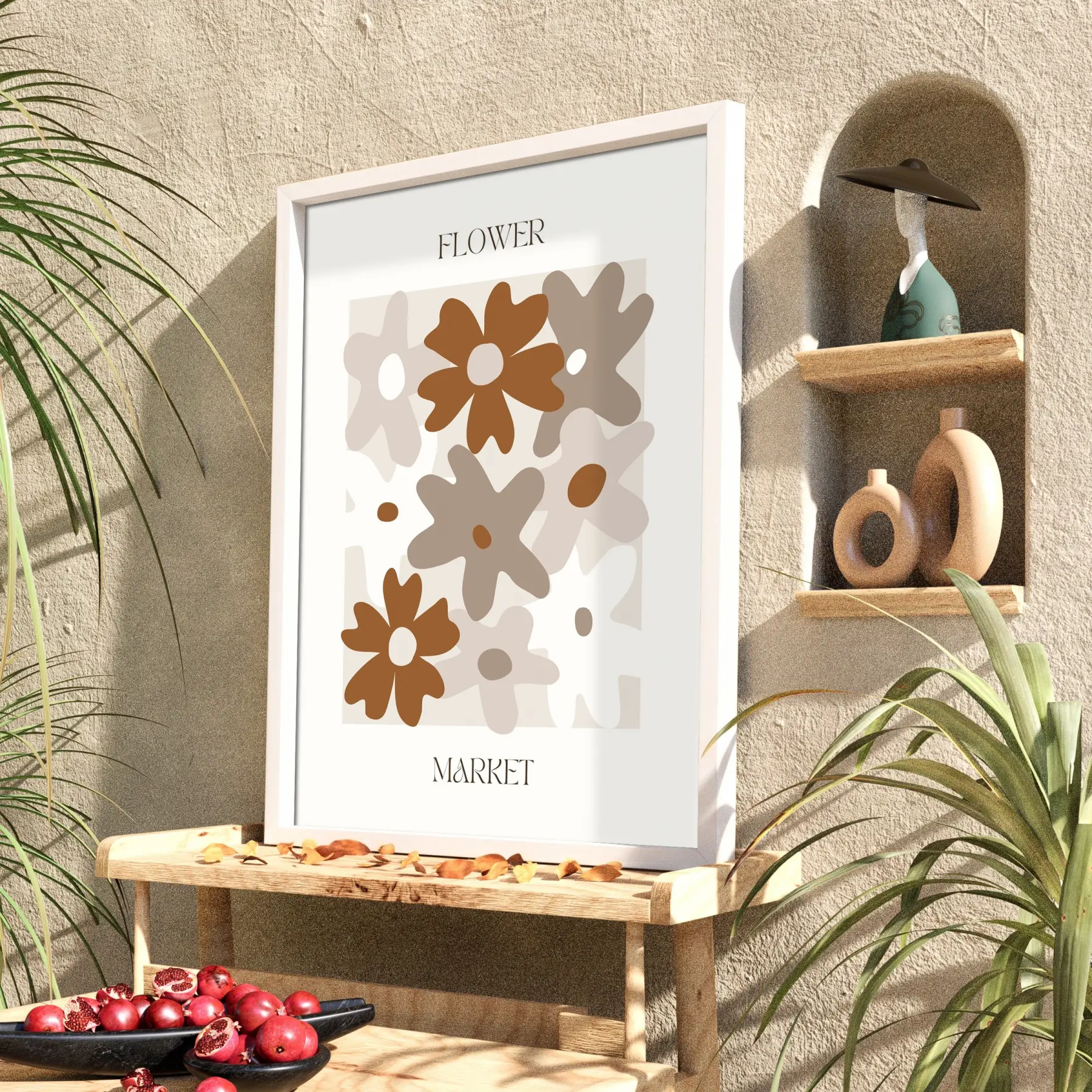 Toprak Tonları Soyut Çiçekler Beyaz Ahşap Çerçeveli Tablo Bohem Poster Dekoratif Obje Ev