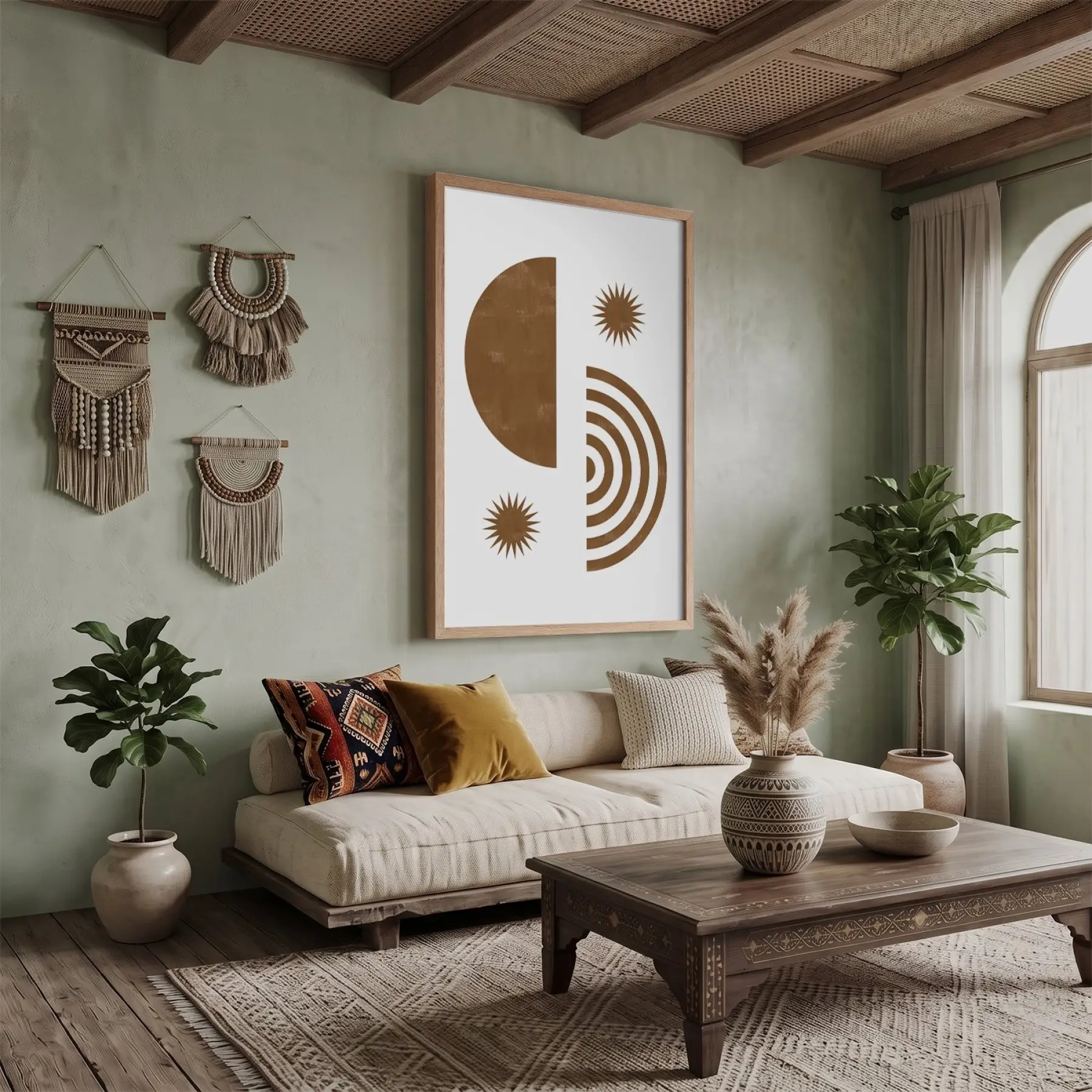 Bohem Güneş Formları Doğal Ahşap Çerçeveli Tablo Obje Ev Aksesuarları Modern Sanat İç