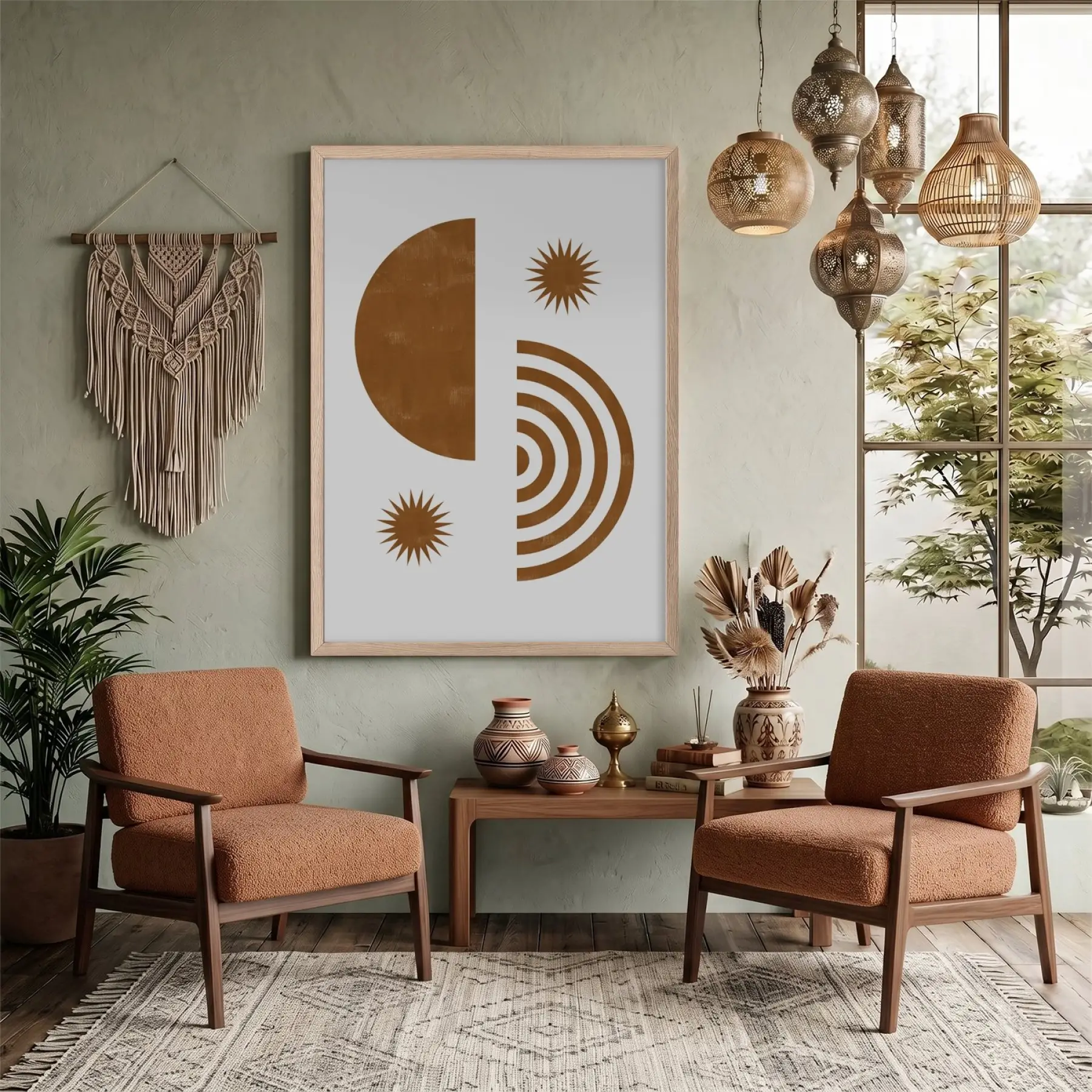 Bohem Güneş Formları Doğal Ahşap Çerçeveli Tablo Obje Ev Aksesuarları Modern Sanat İç