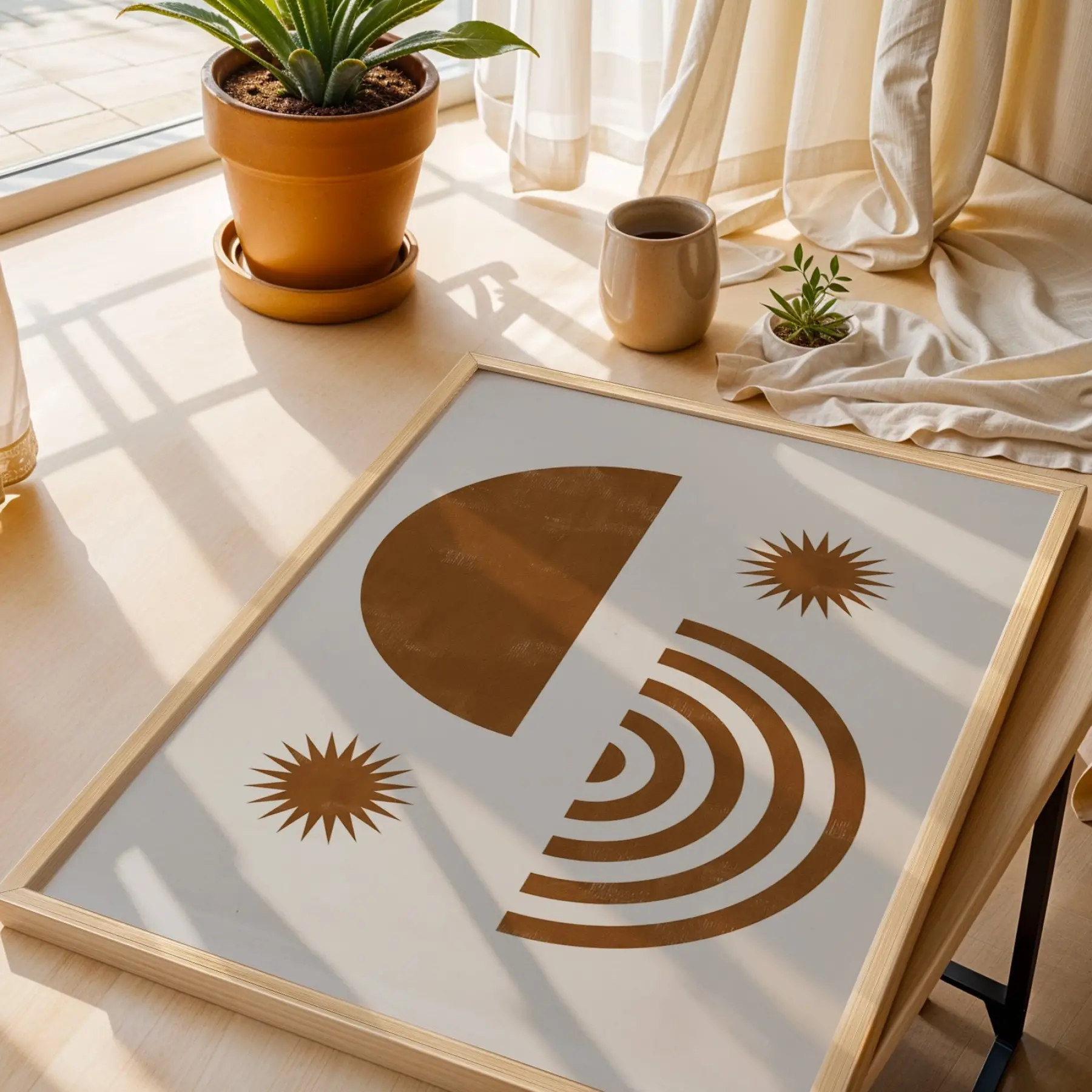 Bohem Güneş Formları Doğal Ahşap Çerçeveli Tablo Obje Ev Aksesuarları Modern Sanat İç
