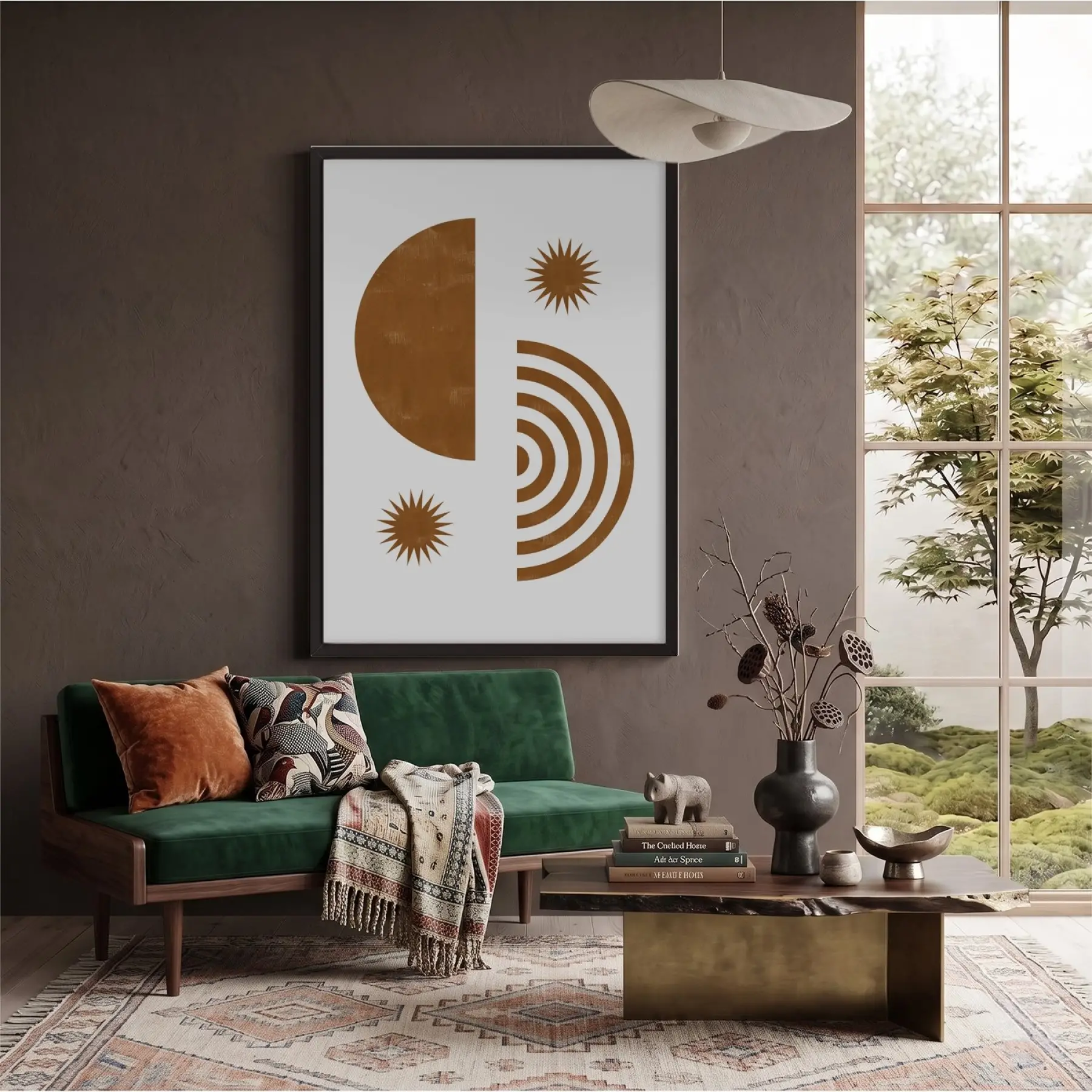 Bohem Güneş Formları Siyah Ahşap Çerçeveli Tablo Ev Aksesuarları Modern Sanat İç Mekan