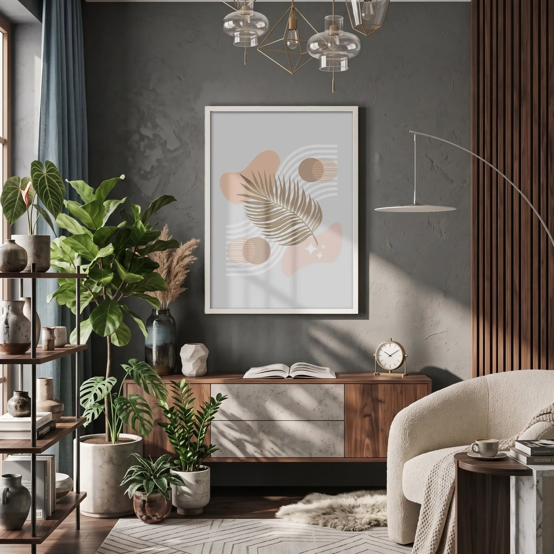 Kum Beji Palm Yaprağı Beyaz Ahşap Çerçeveli Tablo Kanvas Görünümlü Salon Oturma Odası