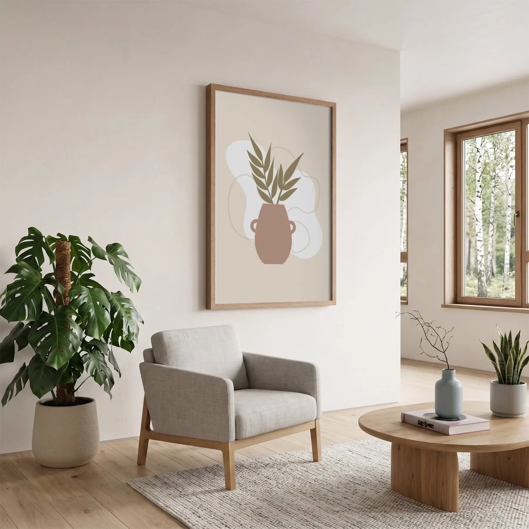 Minimalist Botanik Vazo Doğal Ahşap Çerçeveli Tablo Bohem Modern Sanat İç Mekan Yatak