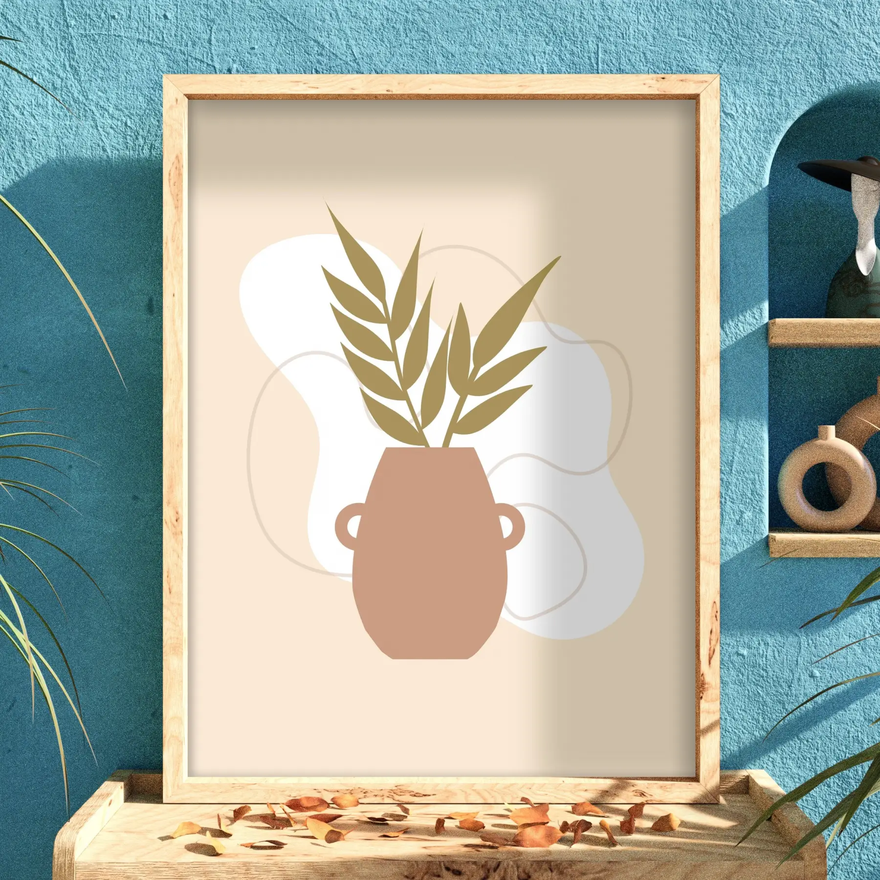 Minimalist Botanik Vazo Doğal Ahşap Çerçeveli Tablo Bohem Modern Sanat İç Mekan Yatak