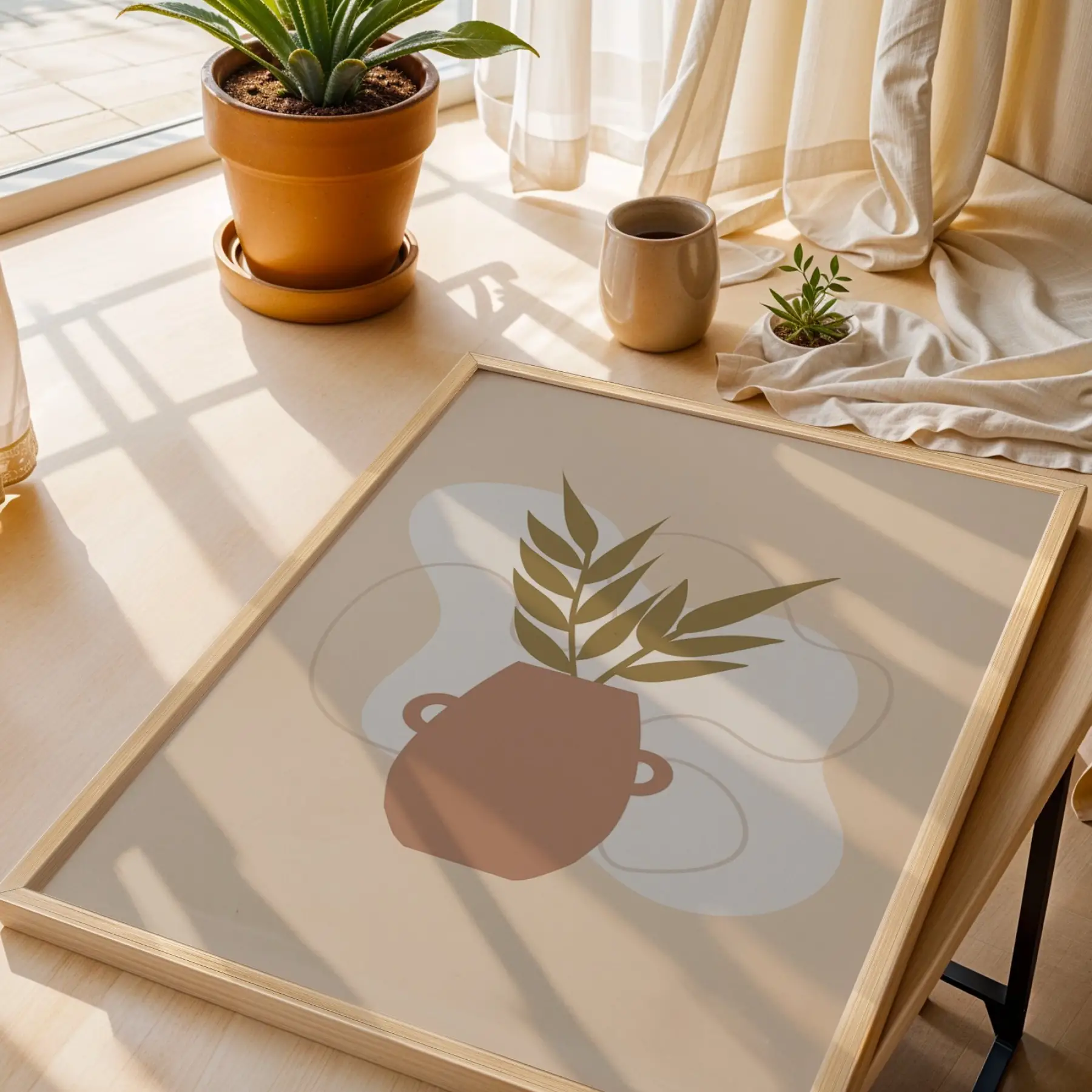 Minimalist Botanik Vazo Doğal Ahşap Çerçeveli Tablo Bohem Modern Sanat İç Mekan Yatak