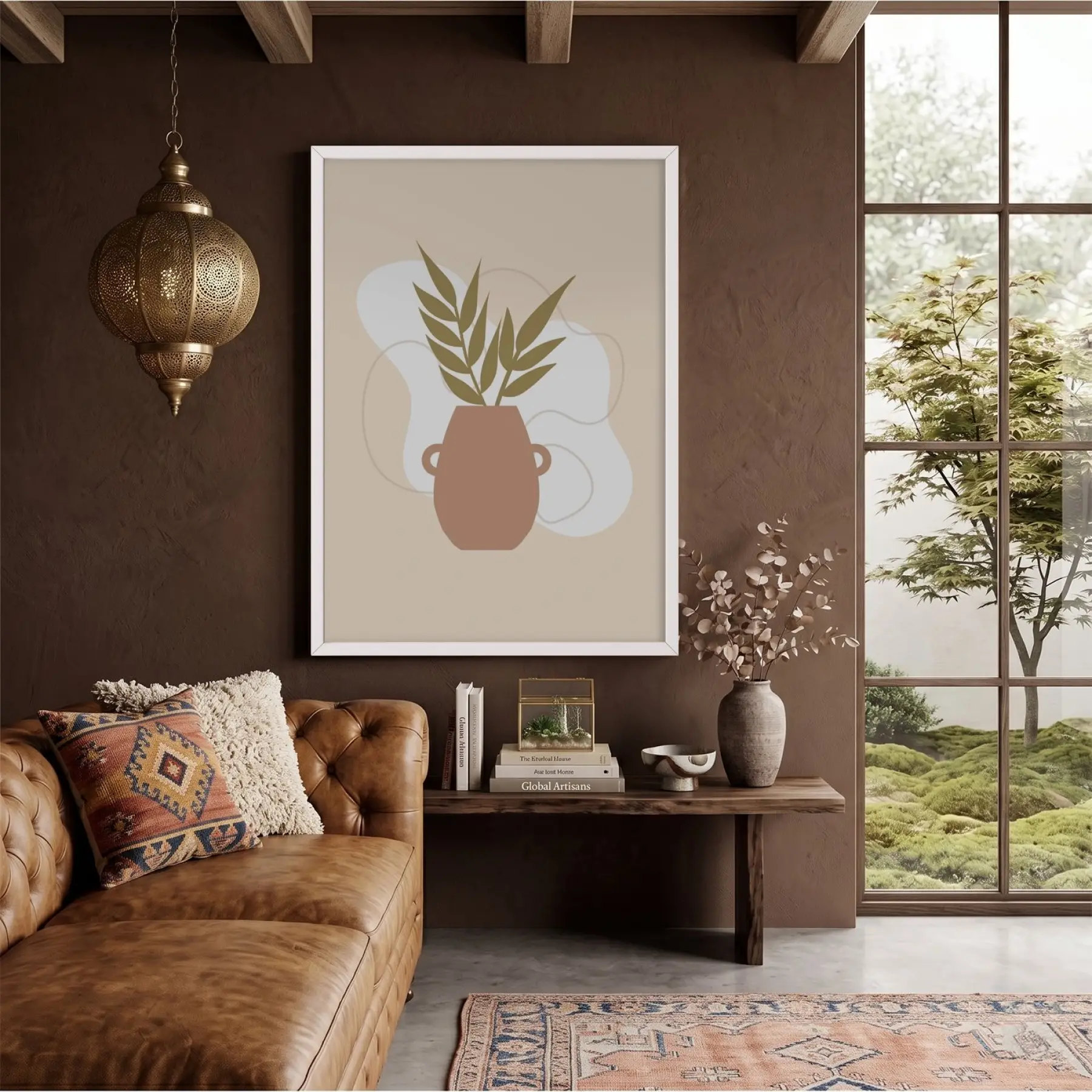 Minimalist Botanik Vazo Beyaz Ahşap Çerçeveli Tablo Bohem Oturma Odası Duvar Dekoru Poster