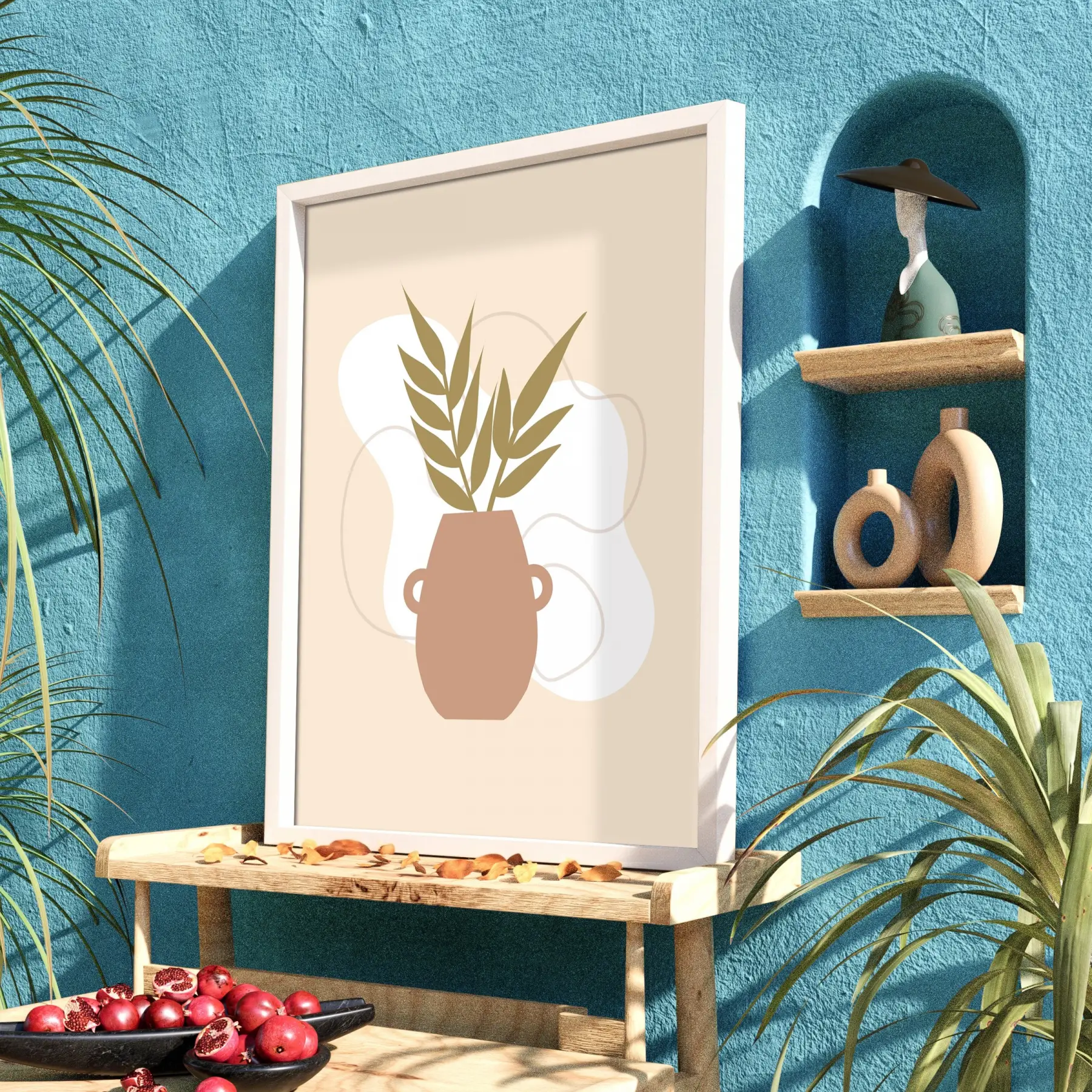 Minimalist Botanik Vazo Beyaz Ahşap Çerçeveli Tablo Bohem Oturma Odası Duvar Dekoru Poster