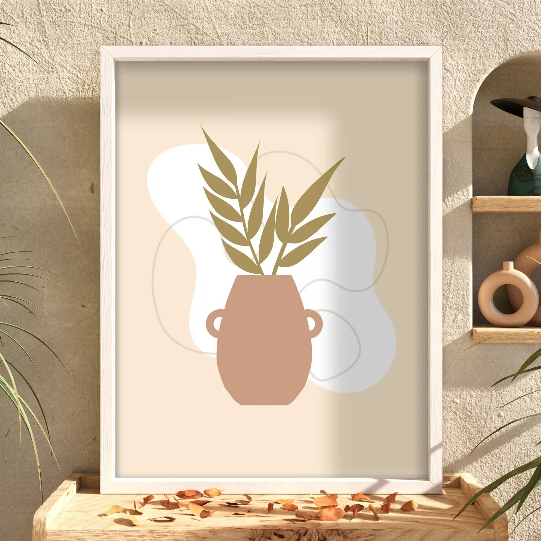 Minimalist Botanik Vazo Beyaz Ahşap Çerçeveli Tablo Bohem Oturma Odası Duvar Dekoru Poster
