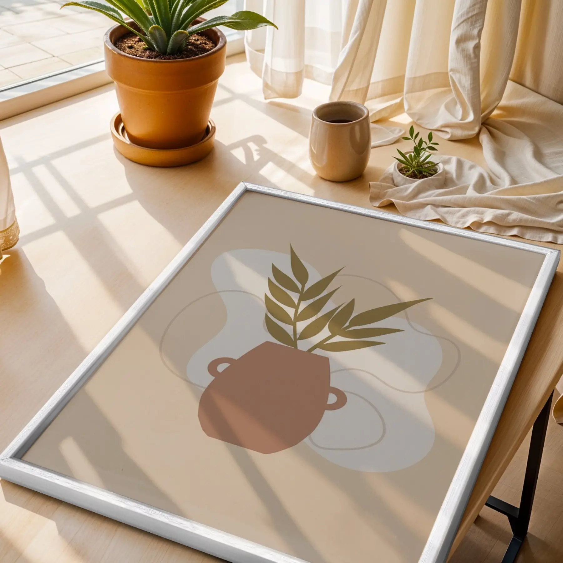 Minimalist Botanik Vazo Beyaz Ahşap Çerçeveli Tablo Bohem Oturma Odası Duvar Dekoru Poster