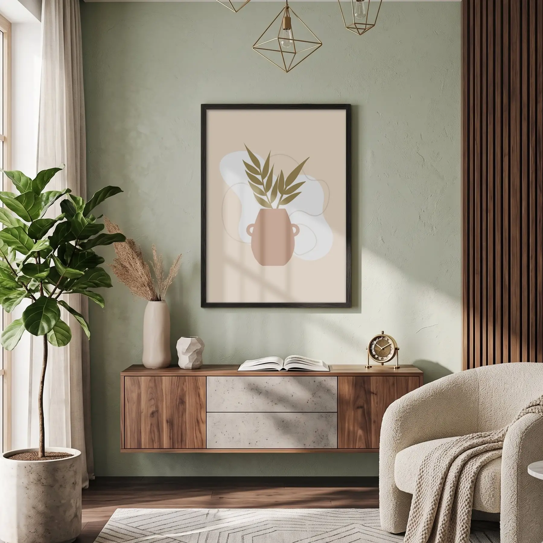 Minimalist Botanik Vazo Siyah Ahşap Çerçeveli Tablo Bohem Oturma Odası Duvar Dekoru Poster