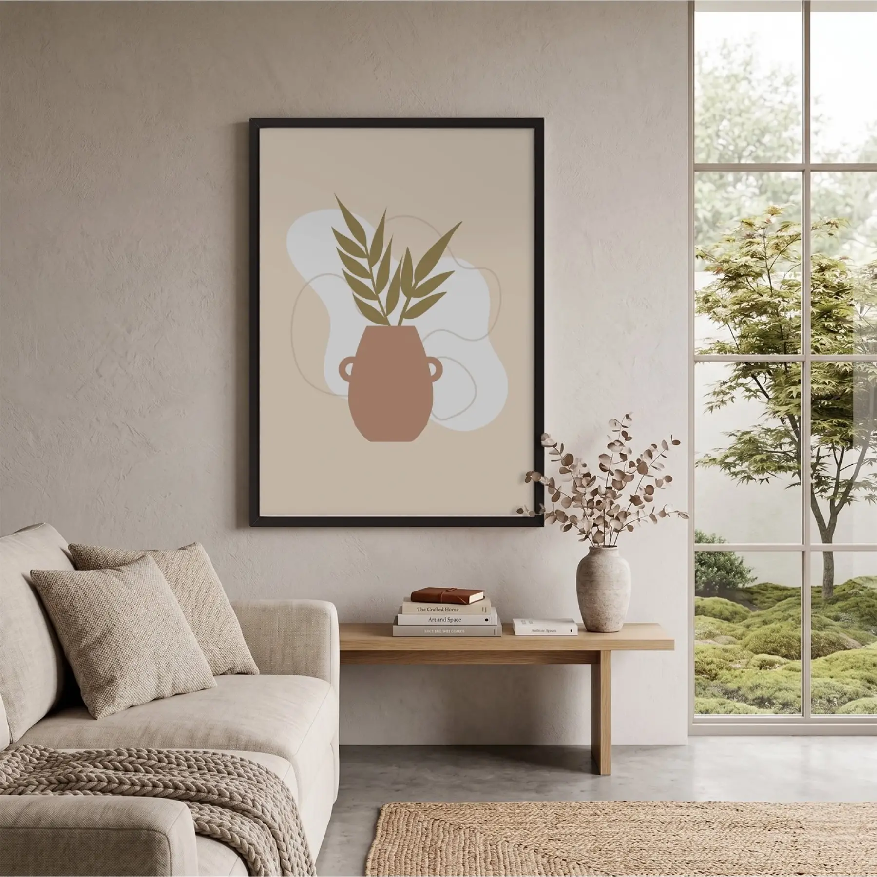 Minimalist Botanik Vazo Siyah Ahşap Çerçeveli Tablo Bohem Oturma Odası Duvar Dekoru Poster