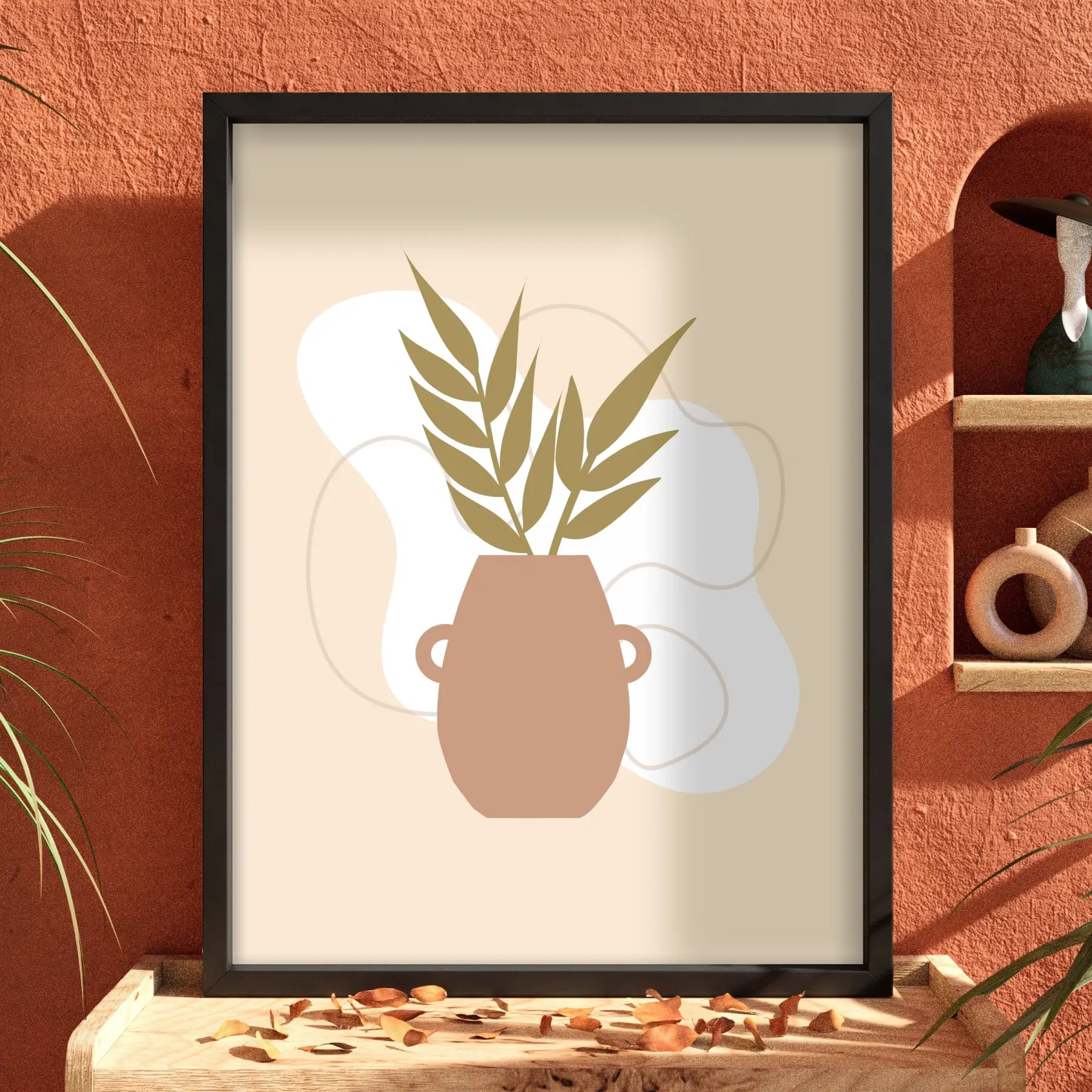 Minimalist Botanik Vazo Siyah Ahşap Çerçeveli Tablo Bohem Oturma Odası Duvar Dekoru Poster