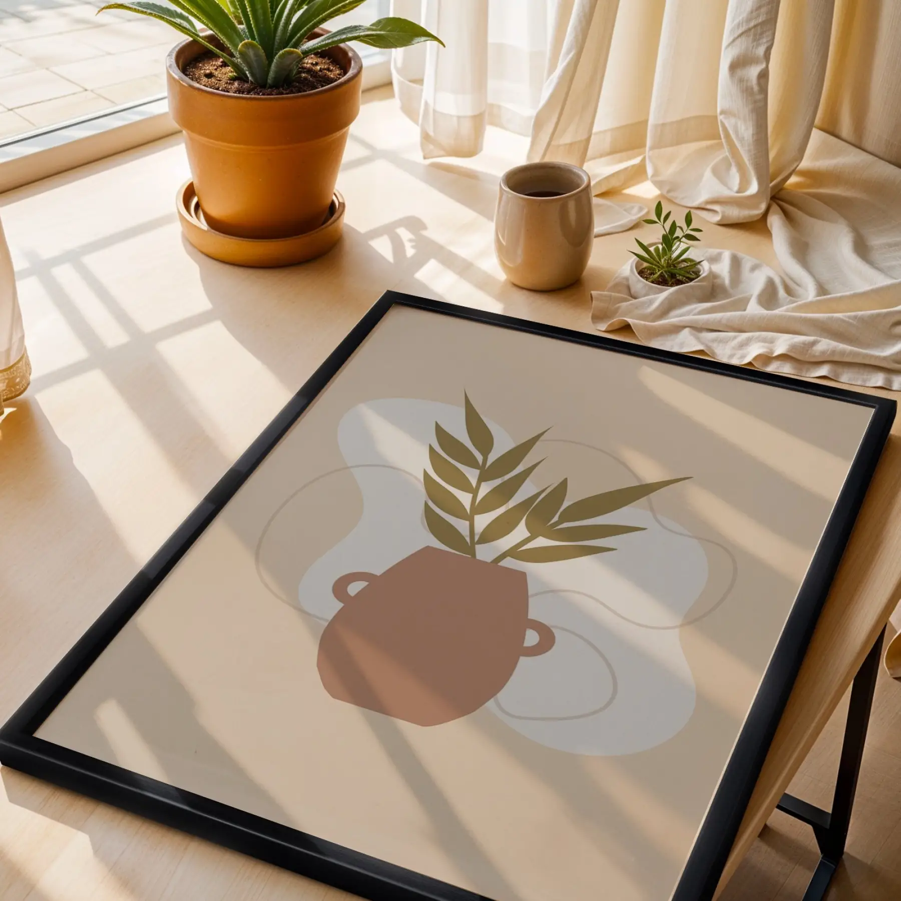 Minimalist Botanik Vazo Siyah Ahşap Çerçeveli Tablo Bohem Oturma Odası Duvar Dekoru Poster