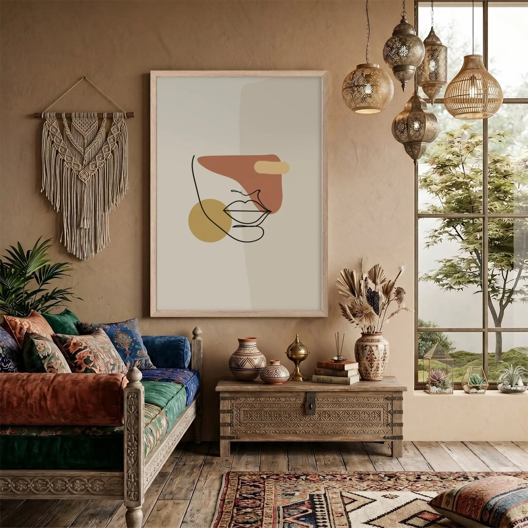 Toprak Tonları Yüz Hatları Doğal Ahşap Çerçeveli Tablo Poster Dekoratif Obje Ev Aksesuarları
