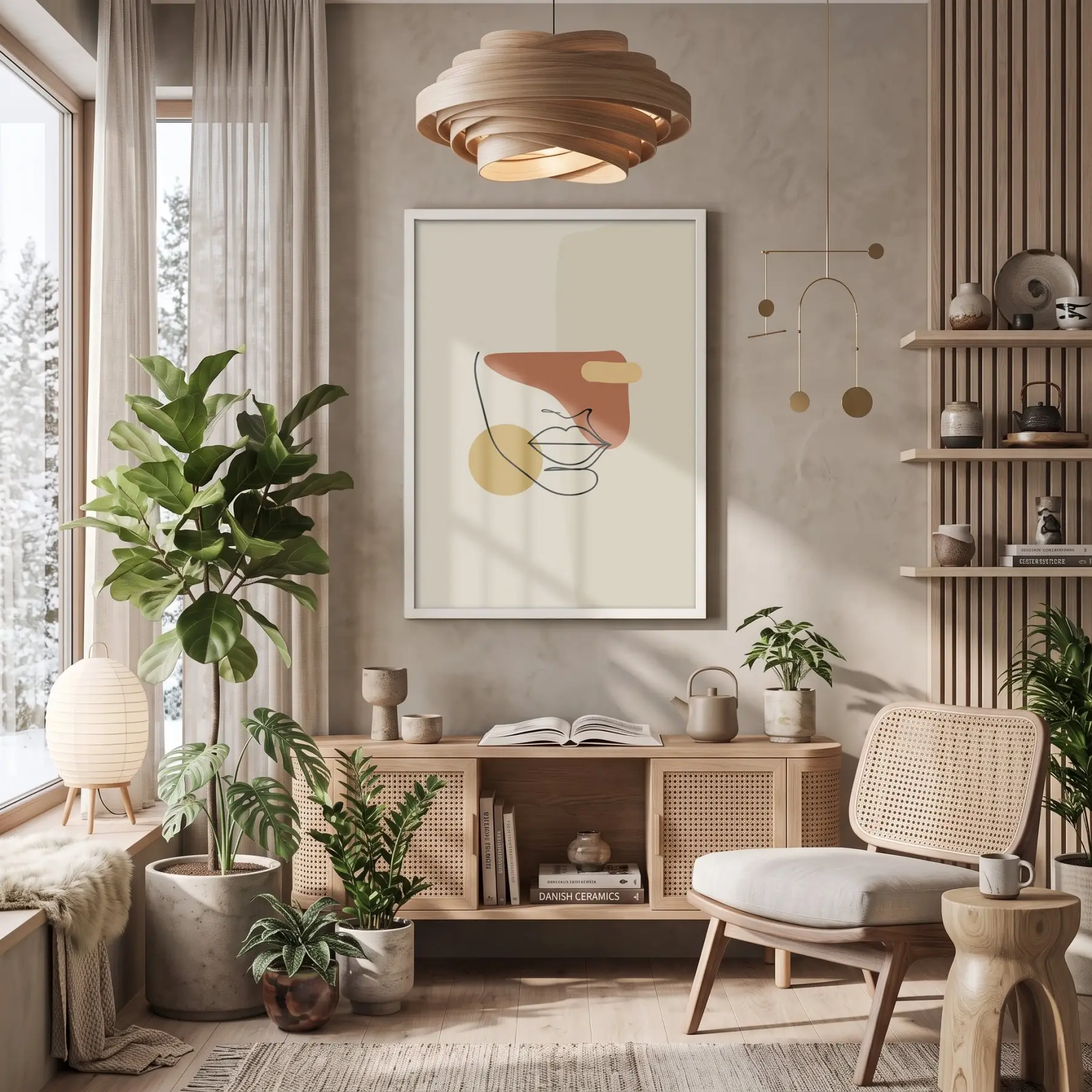 Toprak Tonları Yüz Hatları Beyaz Ahşap Çerçeveli Tablo Ev Aksesuarları Modern Sanat İç