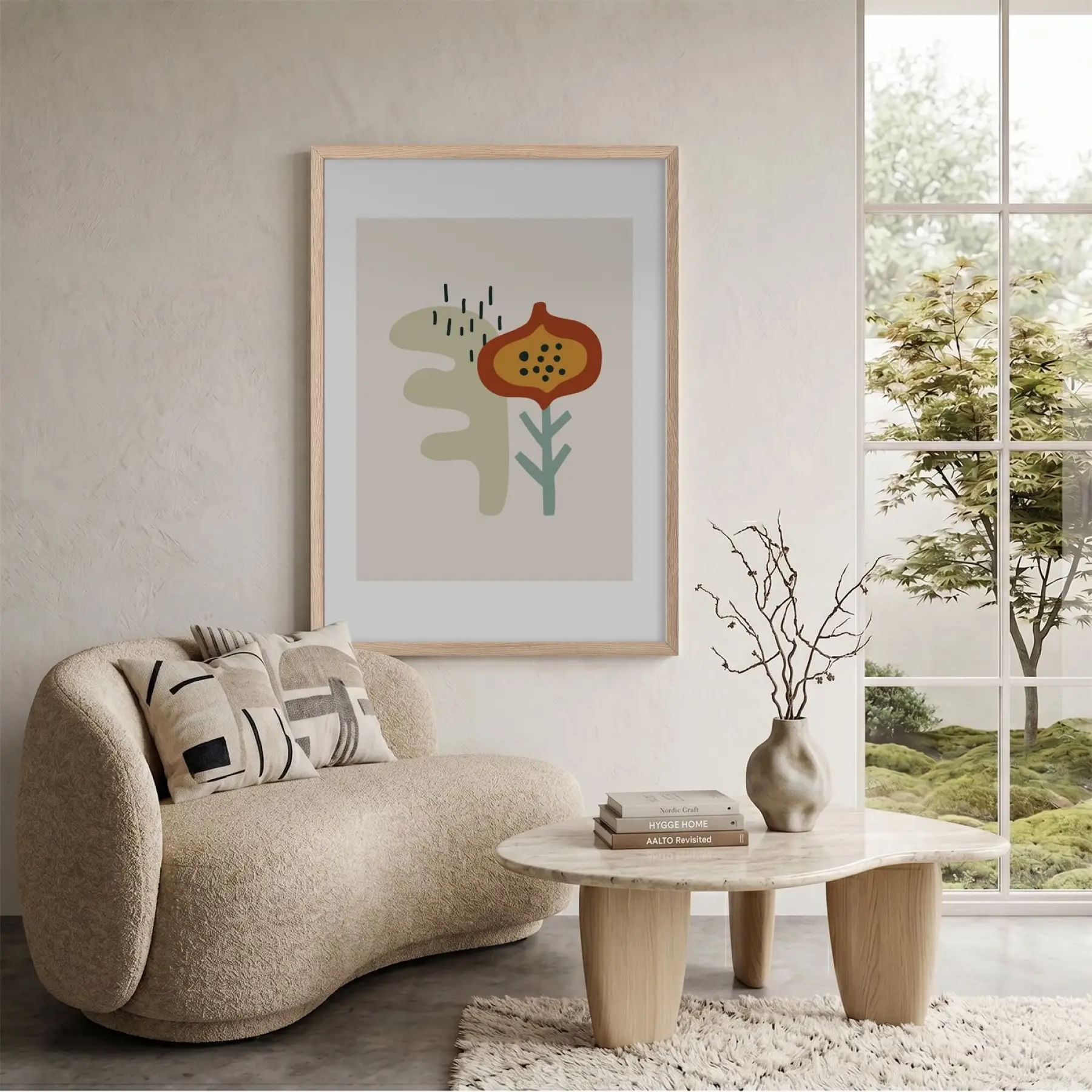 Soyut Organik Formlar Doğal Ahşap Çerçeveli Tablo Modern Sanat İç Mekan Yatak Koridor