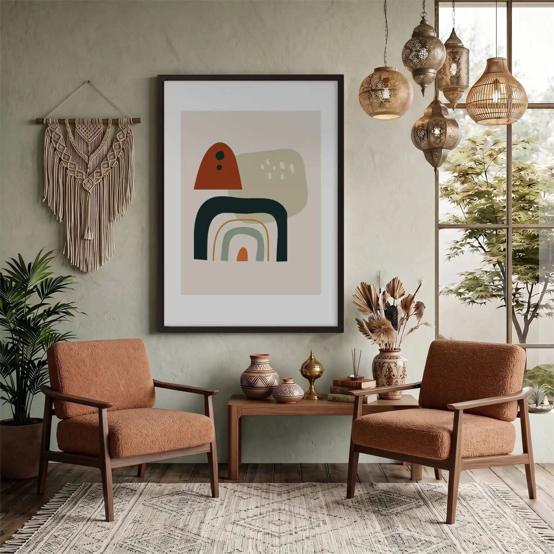 Organik Renk Arkları Siyah Ahşap Çerçeveli Tablo Aksesuarları Modern Sanat İç Mekan Yatak
