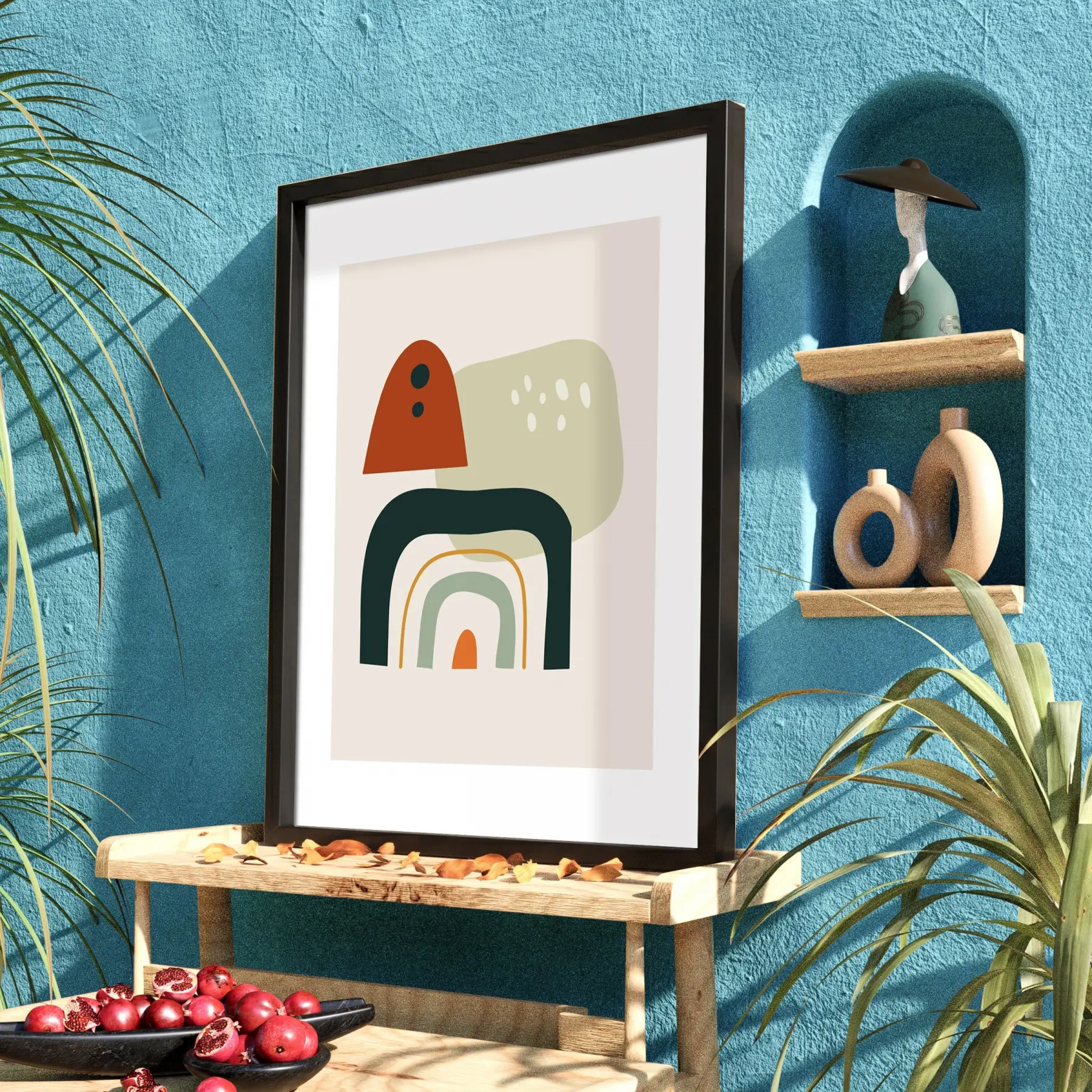 Organik Renk Arkları Siyah Ahşap Çerçeveli Tablo Aksesuarları Modern Sanat İç Mekan Yatak