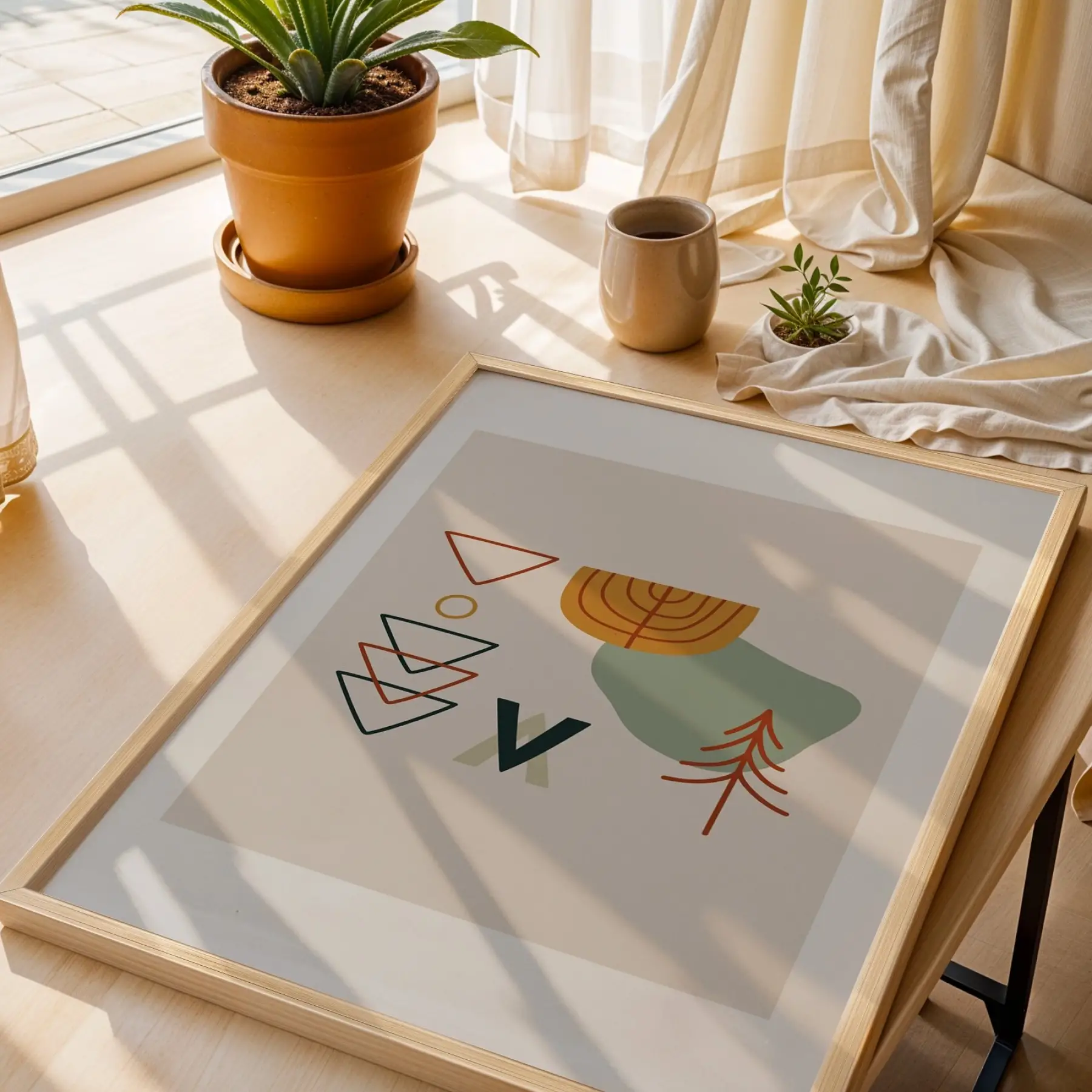 Soyut Geometrik Doğa Doğal Ahşap Çerçeveli Tablo Dekorasyonu Poster Obje Ev Aksesuarları Modern