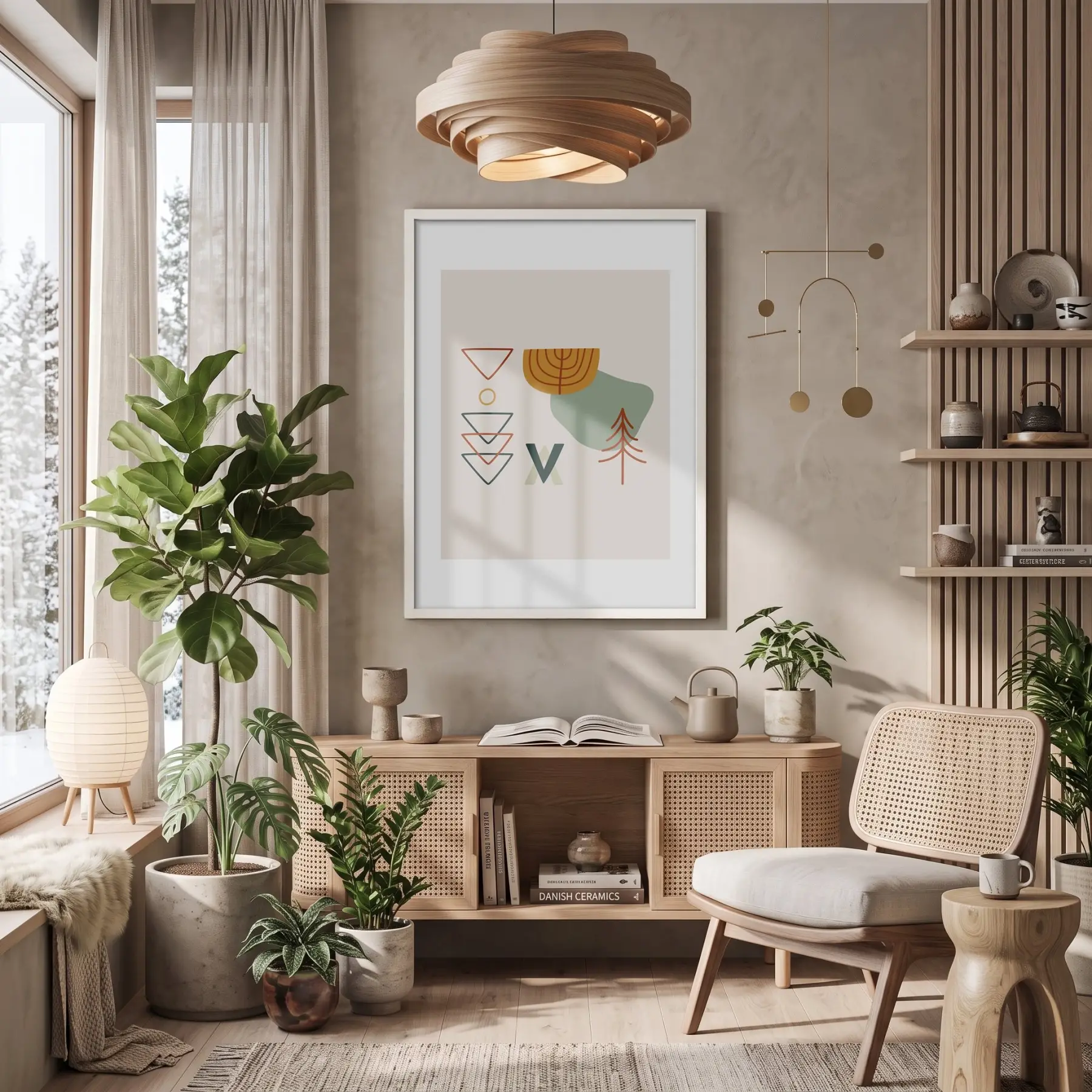 Soyut Geometrik Doğa Beyaz Ahşap Çerçeveli Tablo Salon Oturma Odası Duvar Dekoru Poster