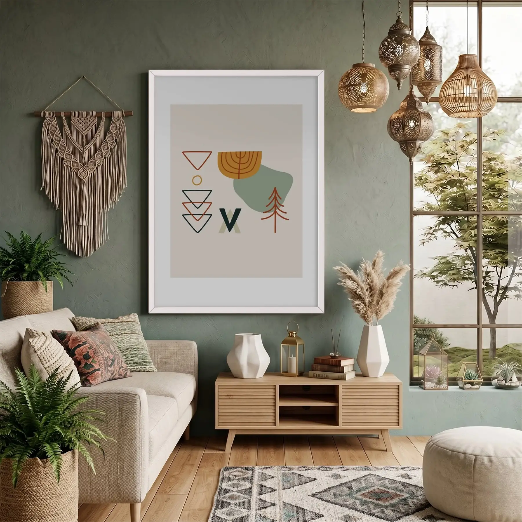 Soyut Geometrik Doğa Beyaz Ahşap Çerçeveli Tablo Salon Oturma Odası Duvar Dekoru Poster
