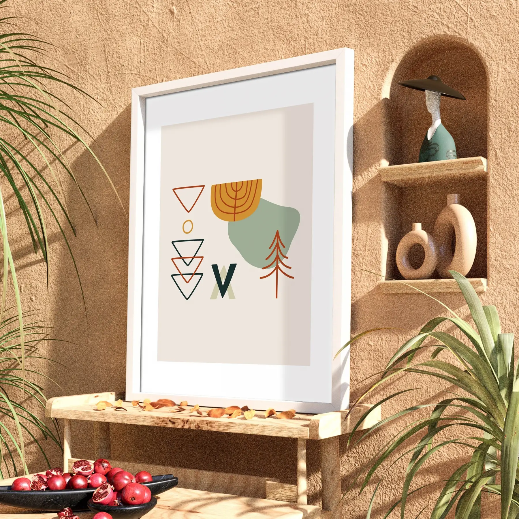 Soyut Geometrik Doğa Beyaz Ahşap Çerçeveli Tablo Salon Oturma Odası Duvar Dekoru Poster