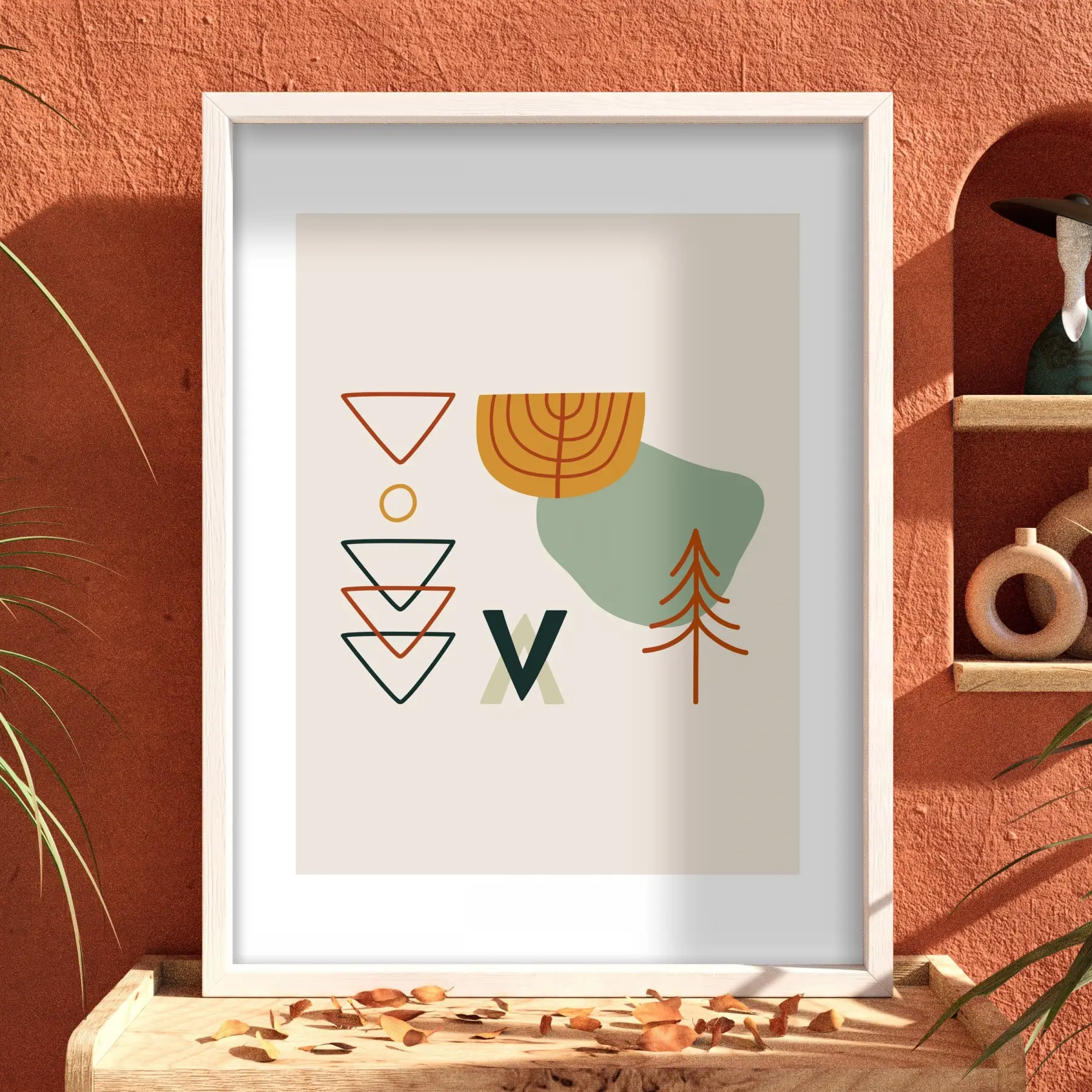 Soyut Geometrik Doğa Beyaz Ahşap Çerçeveli Tablo Salon Oturma Odası Duvar Dekoru Poster