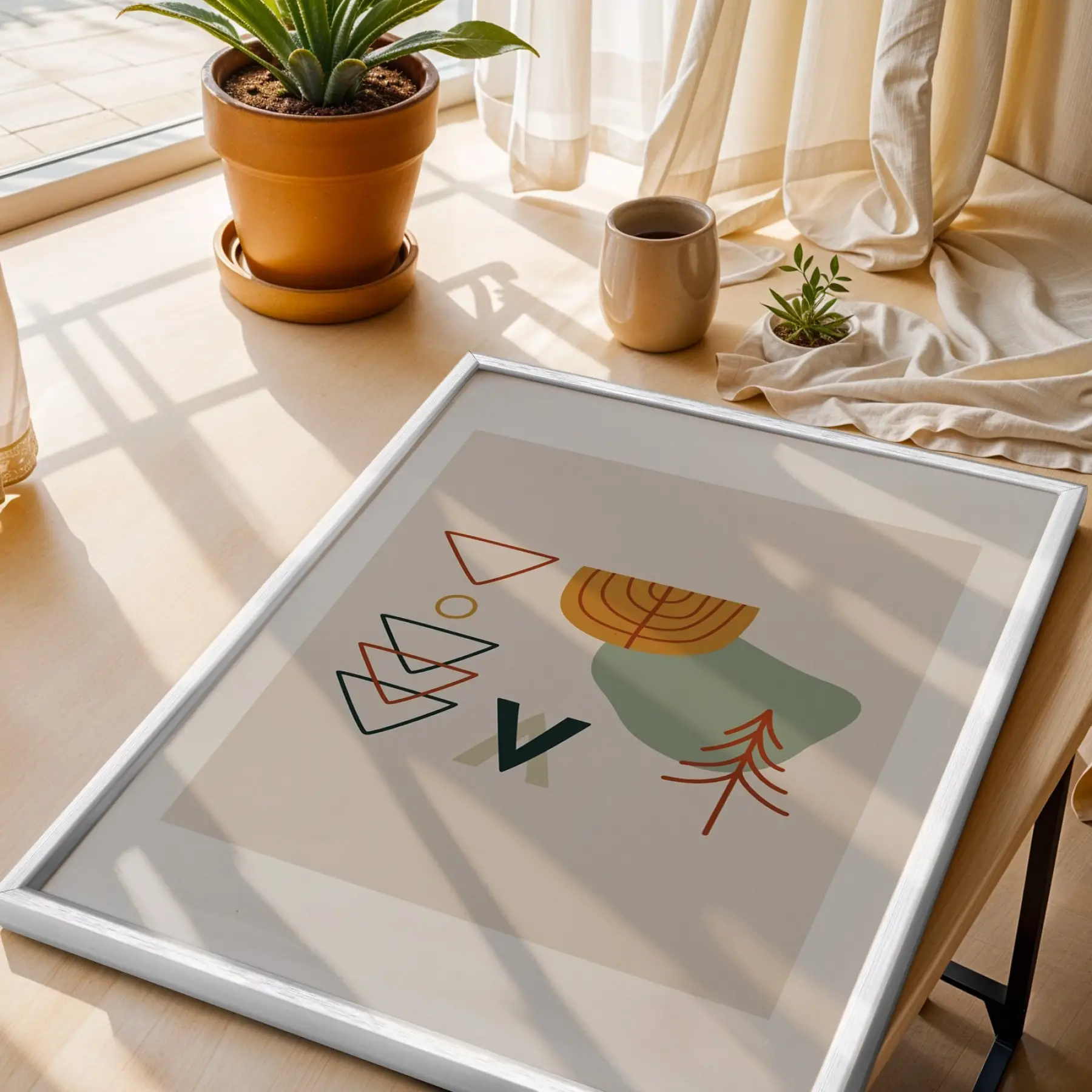 Soyut Geometrik Doğa Beyaz Ahşap Çerçeveli Tablo Salon Oturma Odası Duvar Dekoru Poster