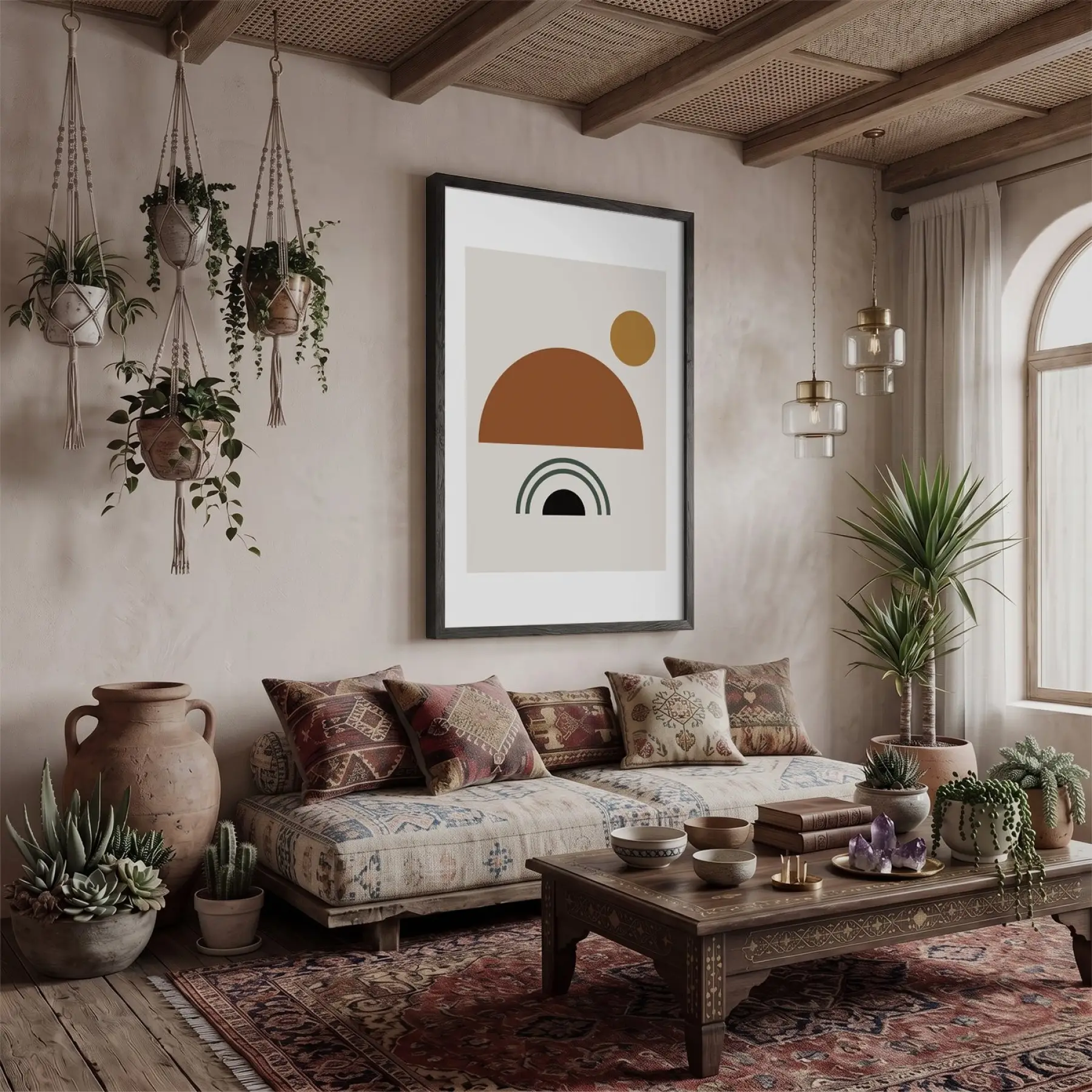 Toprak Tonları Soyut Geometri Siyah Ahşap Çerçeveli Tablo Duvar Dekoru Poster Obje Ev