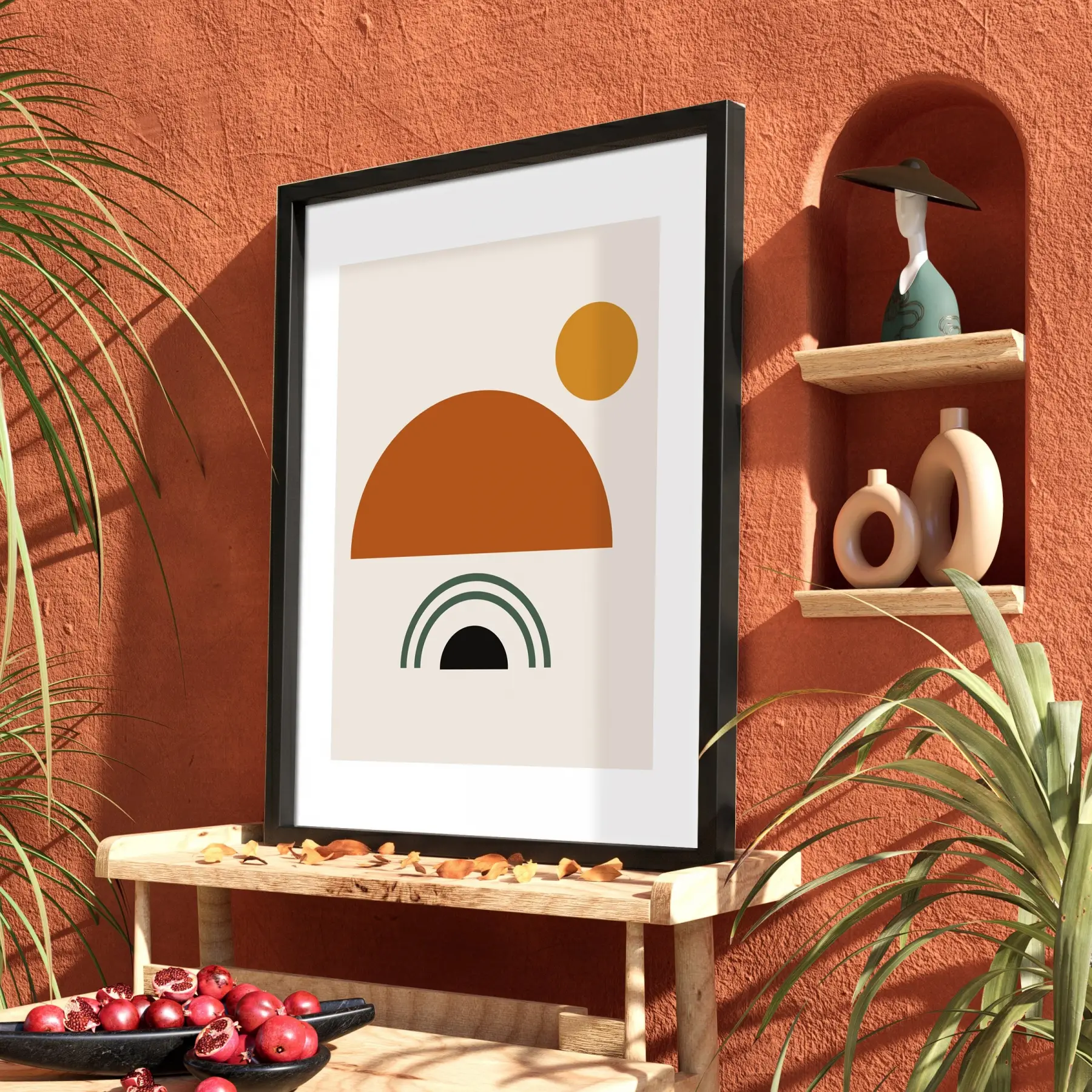 Toprak Tonları Soyut Geometri Siyah Ahşap Çerçeveli Tablo Duvar Dekoru Poster Obje Ev